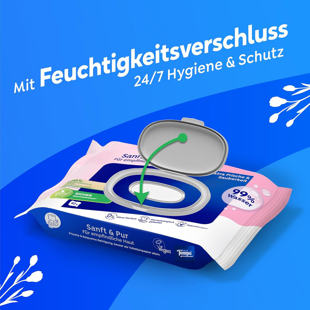 Tempo Feuchte Toilettentuecher Sanft & Pur 16 x 42 Stueck, pH-hautneutral, dermato