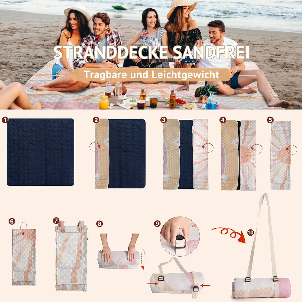 LARUTAN Strand- und Picknickdecke 200 x 200 cm wasserdicht mit Tragegurt 200cm-3