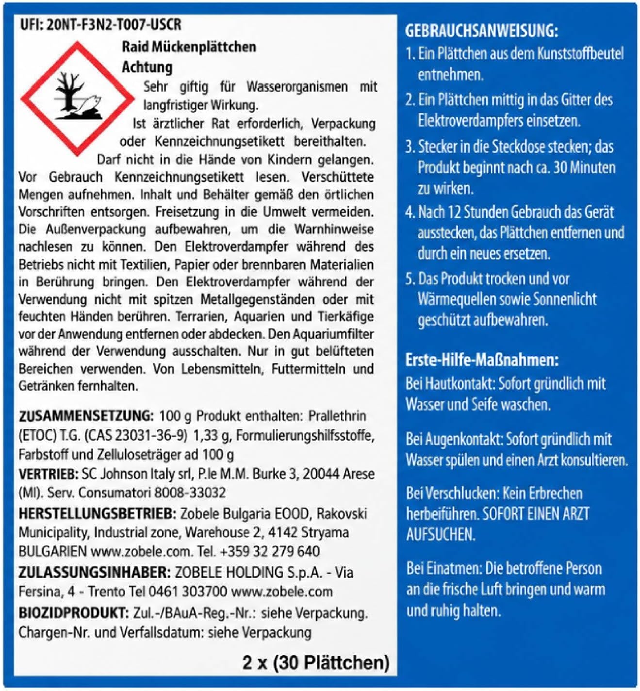 Raid Moskitostechplatten, 60 Geruchlose Plaettchen fuer Gewoehnliche Muecken und Tig