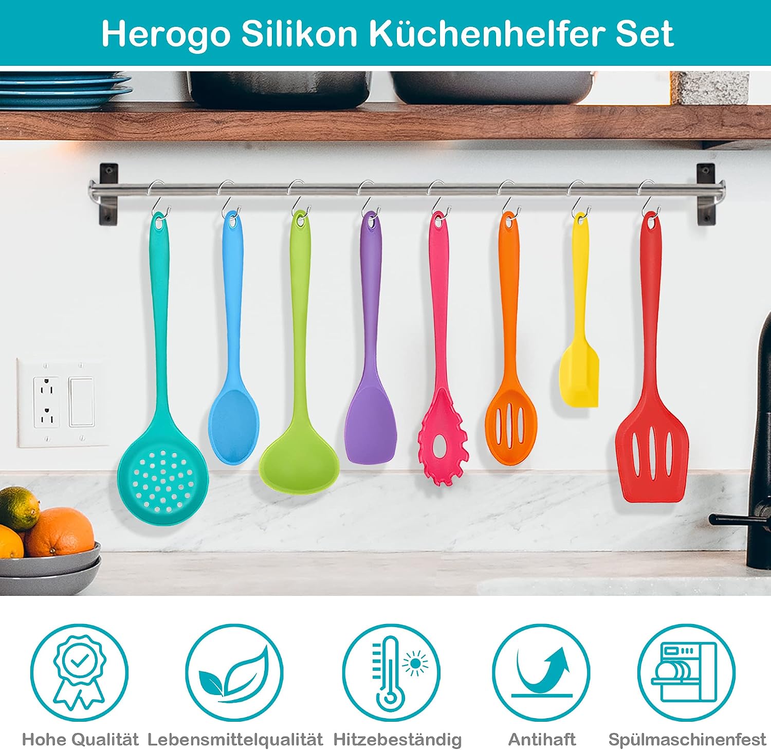 Herogo Silikon Kuechenhelfer Set 8-teilig schwarz hitzebestaendig antihaft