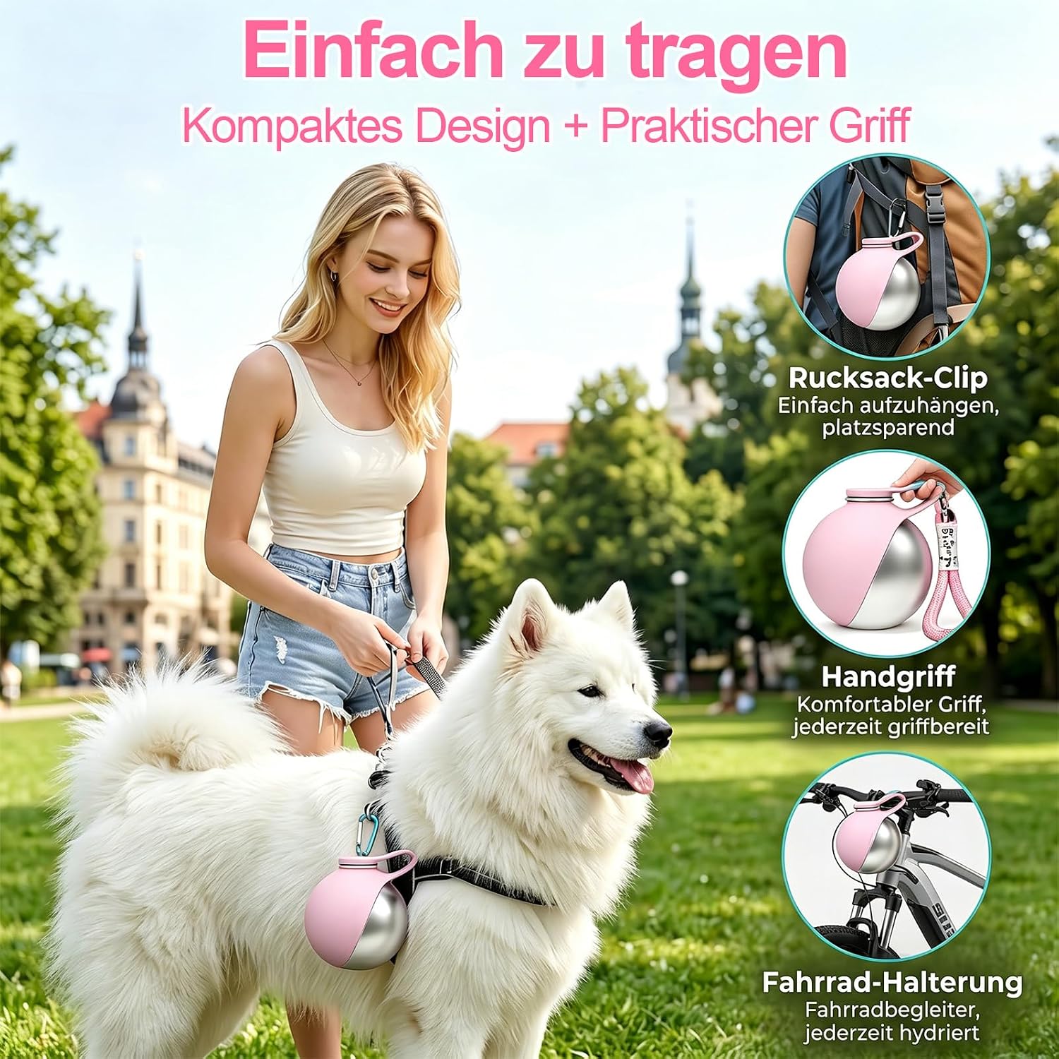 Hunde Trinkflasche 285 ml aus Edelstahl mit faltbarem Silikonnapf, auslaufsicher
