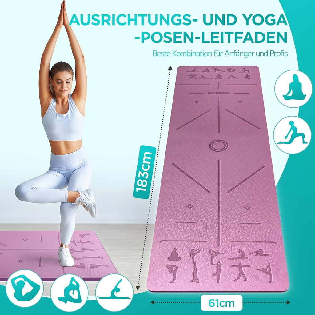 Yogamatte TPE 6 mm 183x61 cm rutschfest Fitnessmatte 181cm-183cm