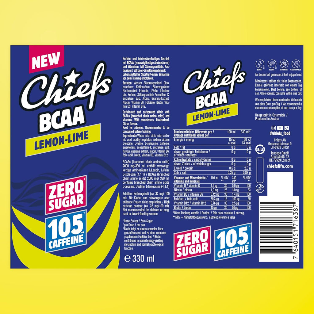 CHIEFS BCAA Energy Drink 24er pack - zuckerfrei - Energy Getraenk mit Koffein, Vi