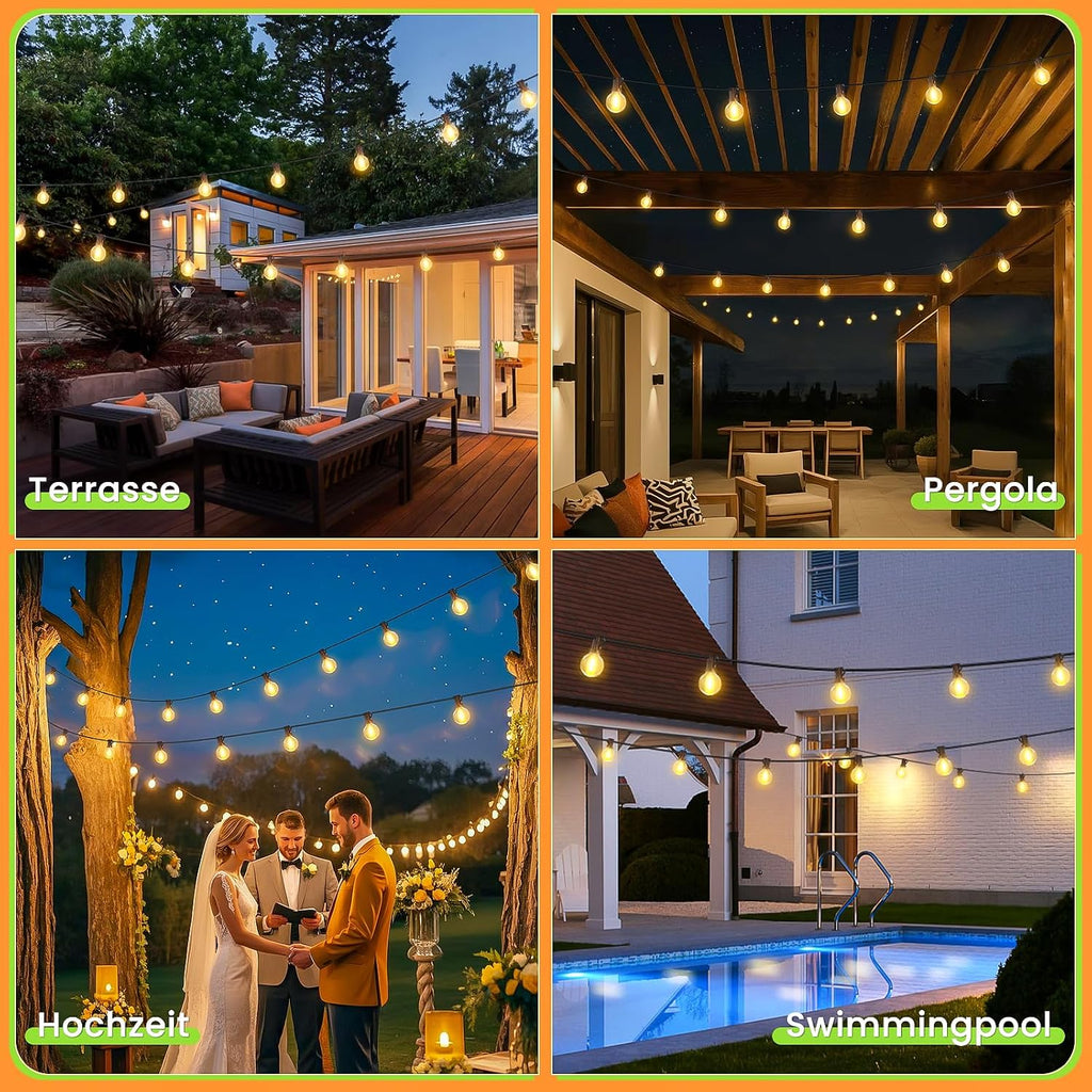 Solar Lichterkette aussen 15m G40 LED 21 Birnen dimmbar 8 Modi mit Fernbedienung