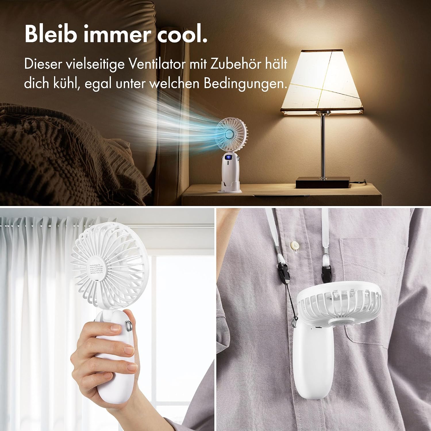 VonHaus Mini USB Ventilator 5 Stufen 90° faltbar mit 60 cm Band Weiss