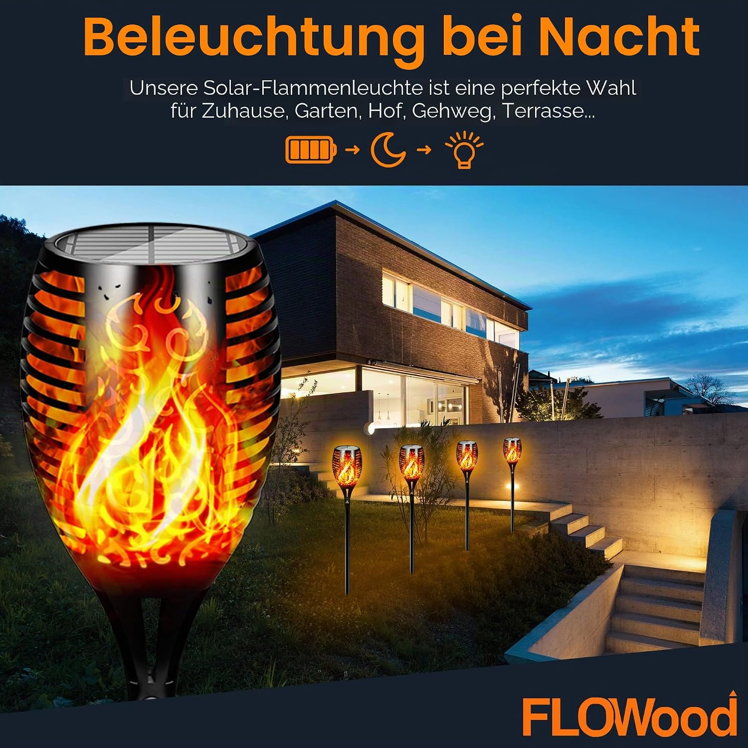 FLOWood Solarfackeln Garten 4er Set 110 cm, 96 LED, flackernd, IP65