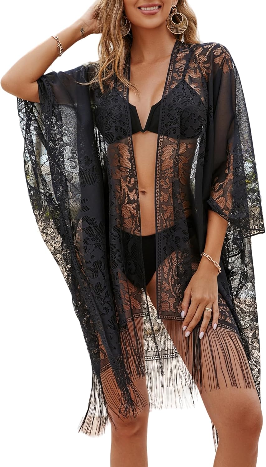 Spitzen-Kimono Damen Strandponcho Badeanzug Ueberwurf Cover-up Urlaub Pool Strand
