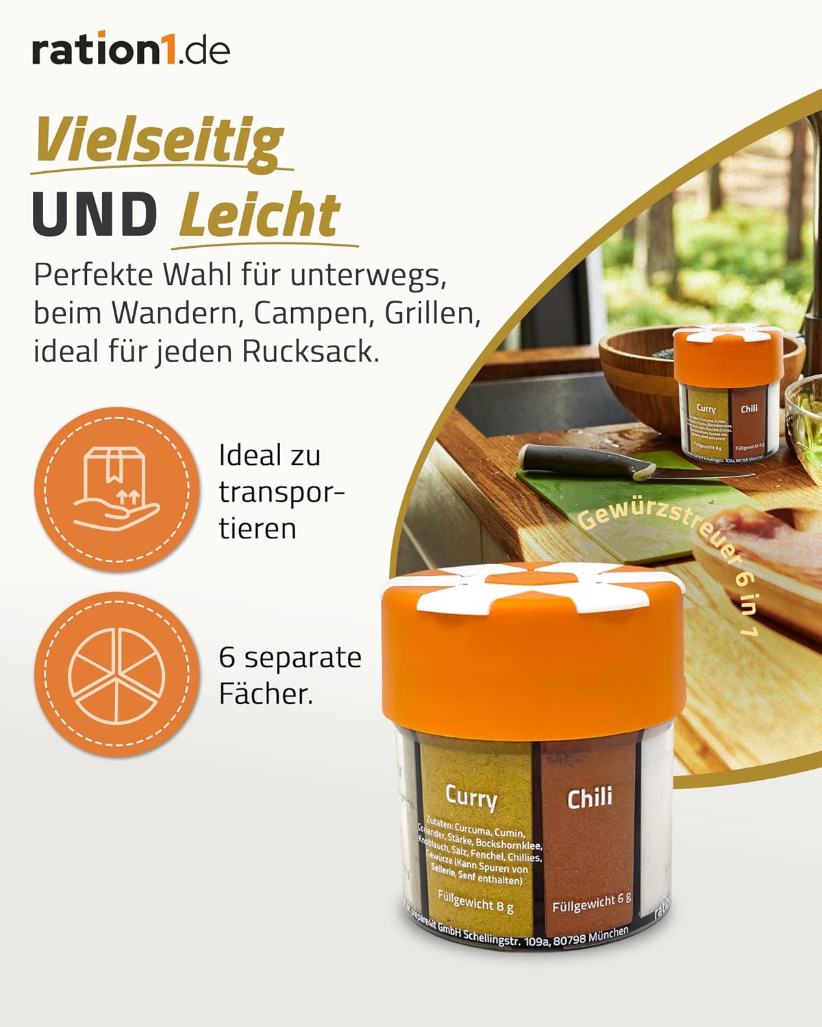 ration1 Gewuerzstreuer 6-in-1 Set XXL fuer Camping Wandern Gewuerz-Organizer