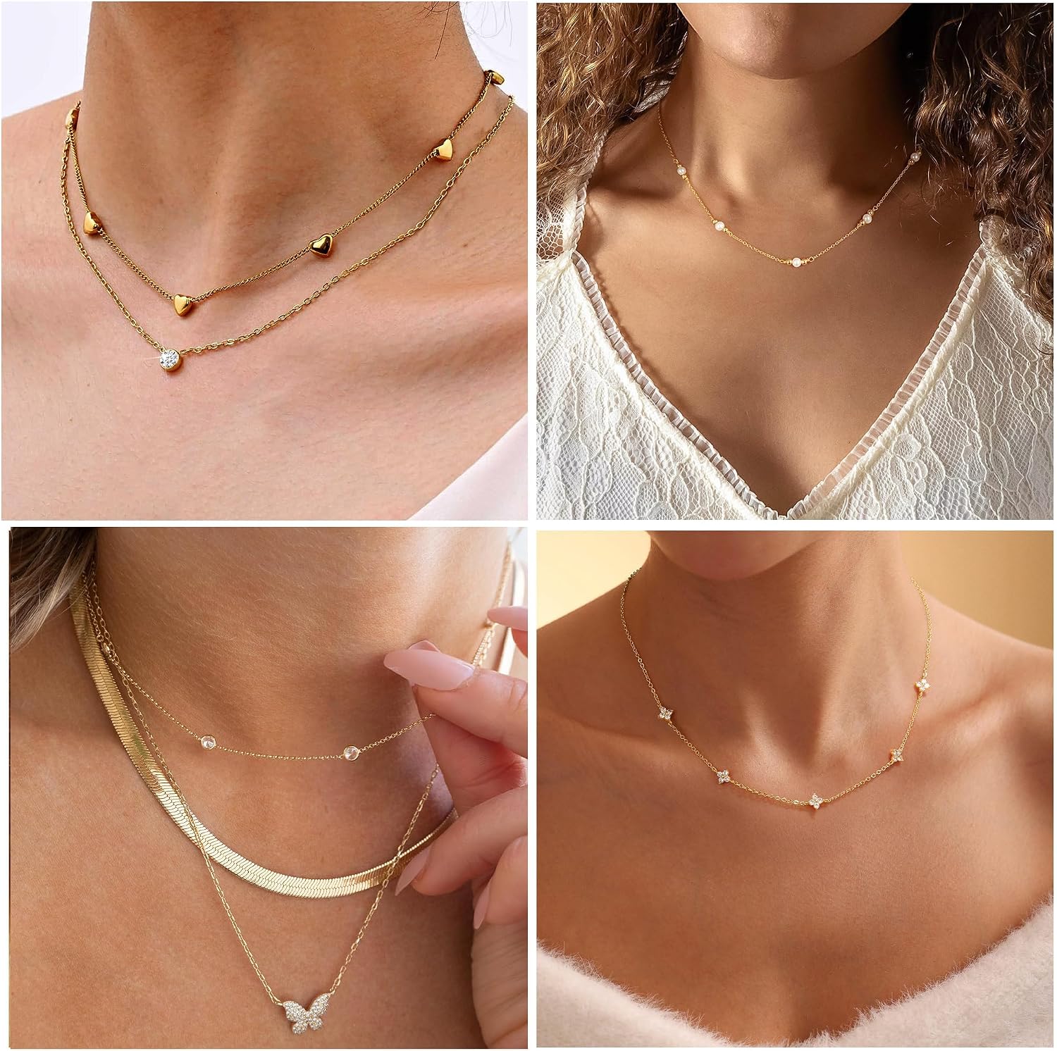 925 Silber Halskette Damen vergoldet 14K Kleeblatt Herz Perlen Zirkonia