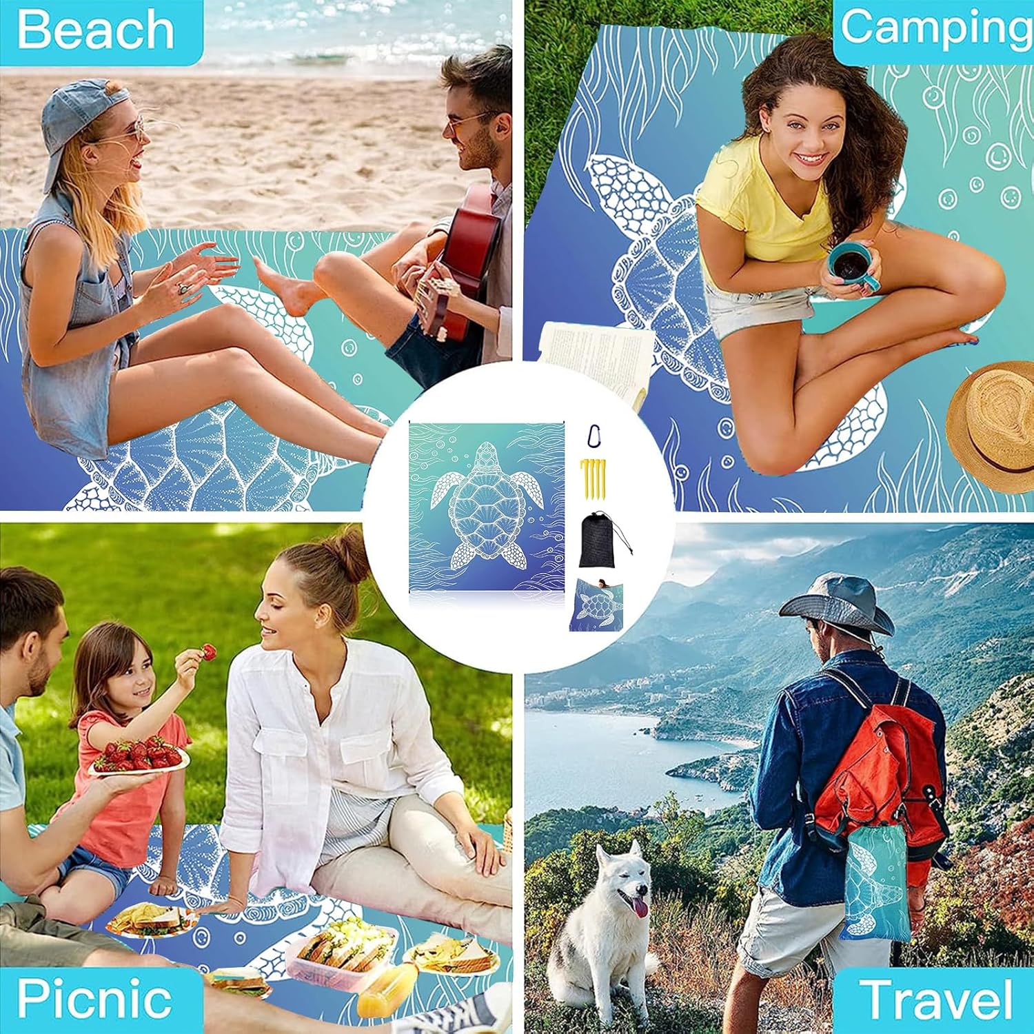 Strandmatte sandfrei wasserdicht 200 x 210 cm XXL mit 4 Heringen