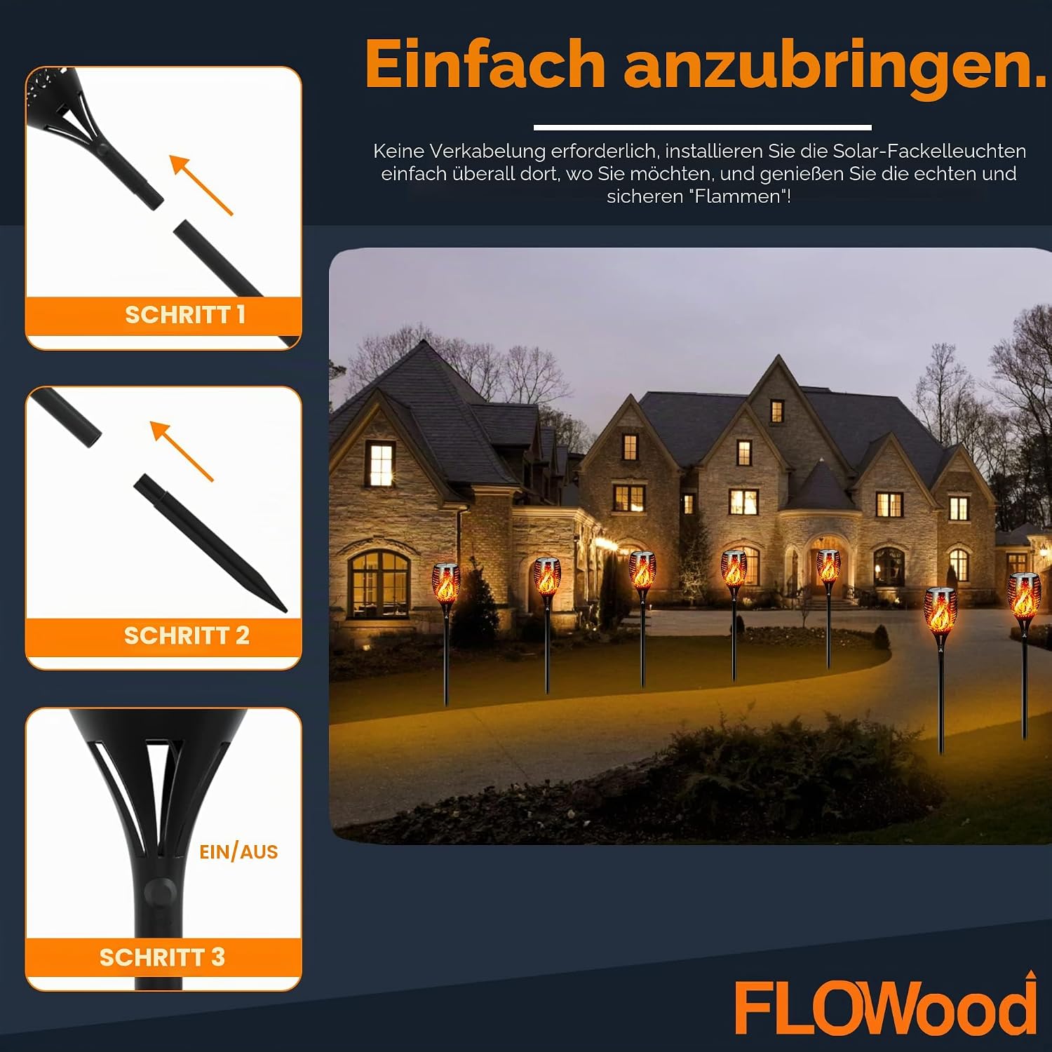 FLOWood Solarfackeln Garten 4er Set 110 cm, 96 LED, flackernd, IP65