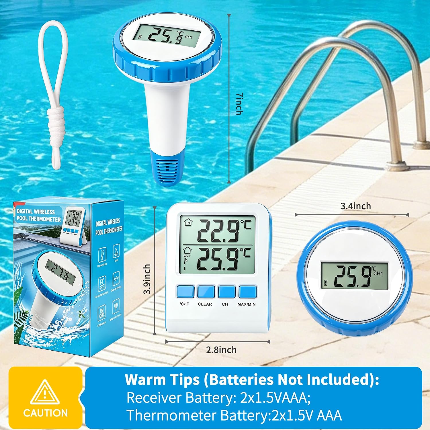 Funk Poolthermometer schwimmend IPX8 wasserdicht 3-Kanal Temperaturanzeige fuer P