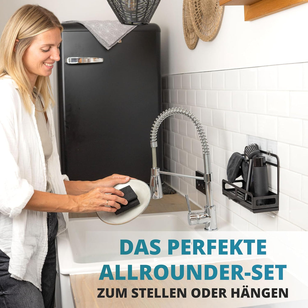 Spuelbecken Organizer Set Edelstahl mit Buerste und Schwammablage, schwarz