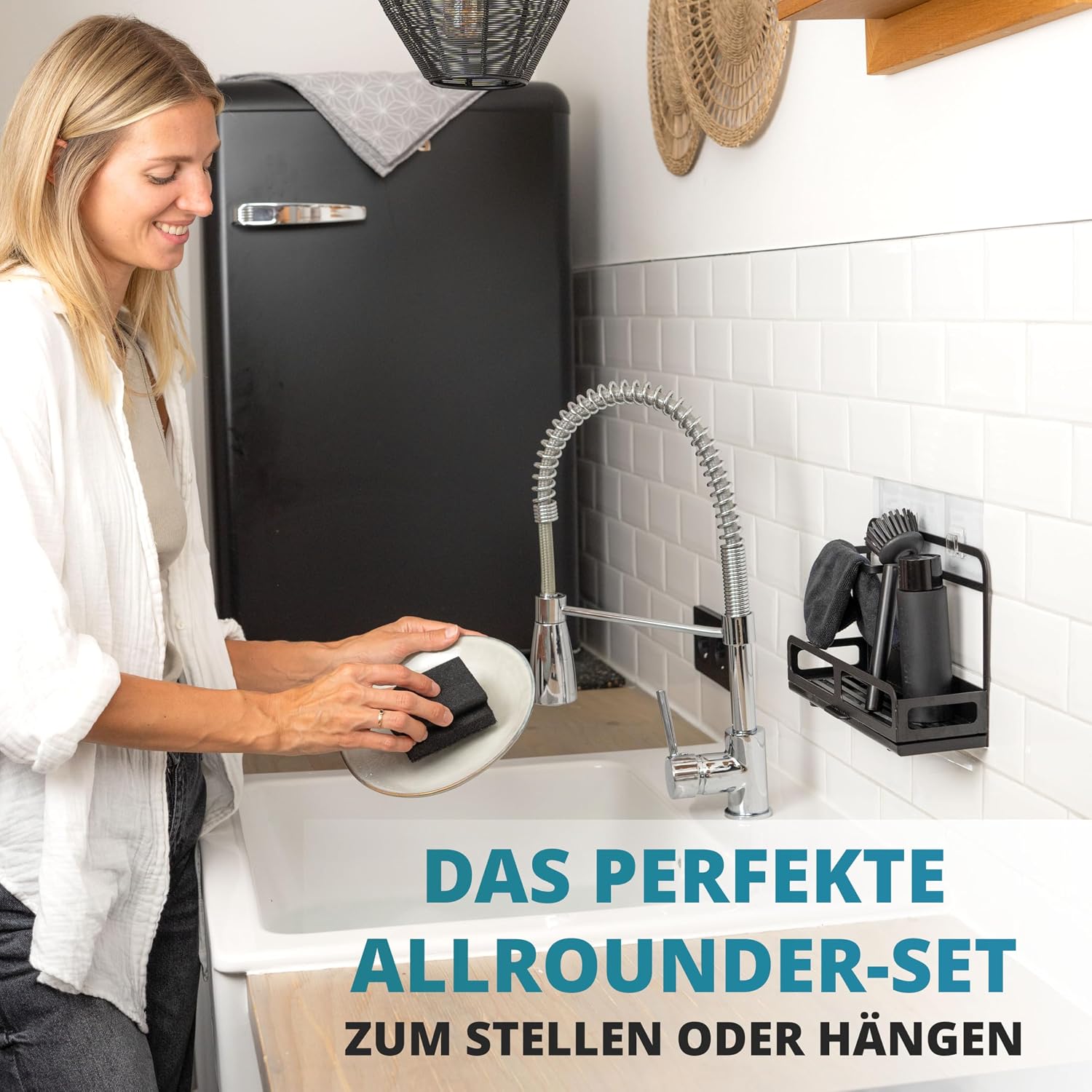 Spuelbecken Organizer Set Edelstahl mit Buerste und Schwammablage, schwarz