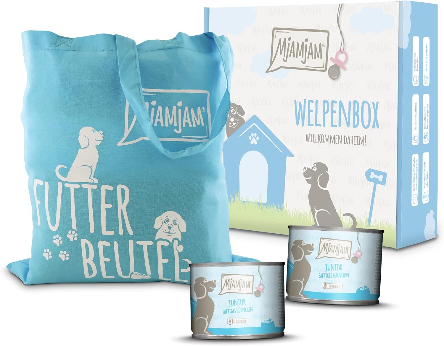 Mjamjam Nassfutter Welpenbox Huhn & Ei 6x200g getreidefrei