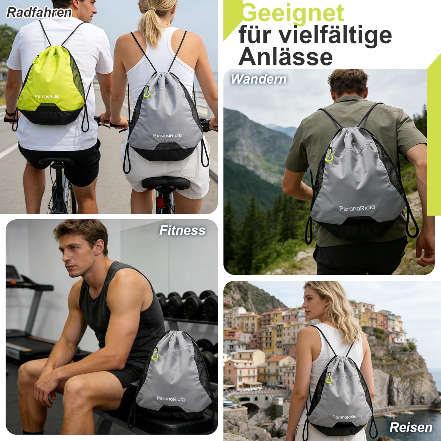 Sportbeutel Turnbeutel 36x45x7 cm Unisex Rucksackbeutel Schwarz/Grau/Gruen