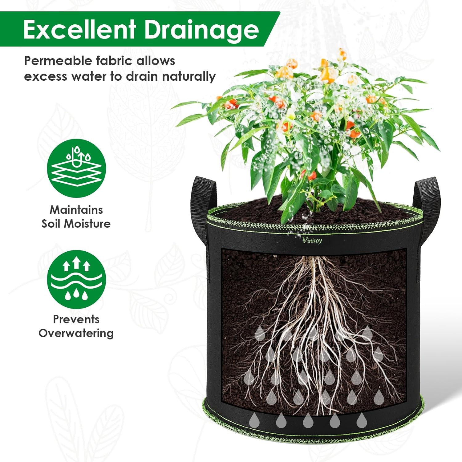5er Set Stofftopf Vlies Grow Bag mit Griffen + 100×100 cm Pflanzmatte -6