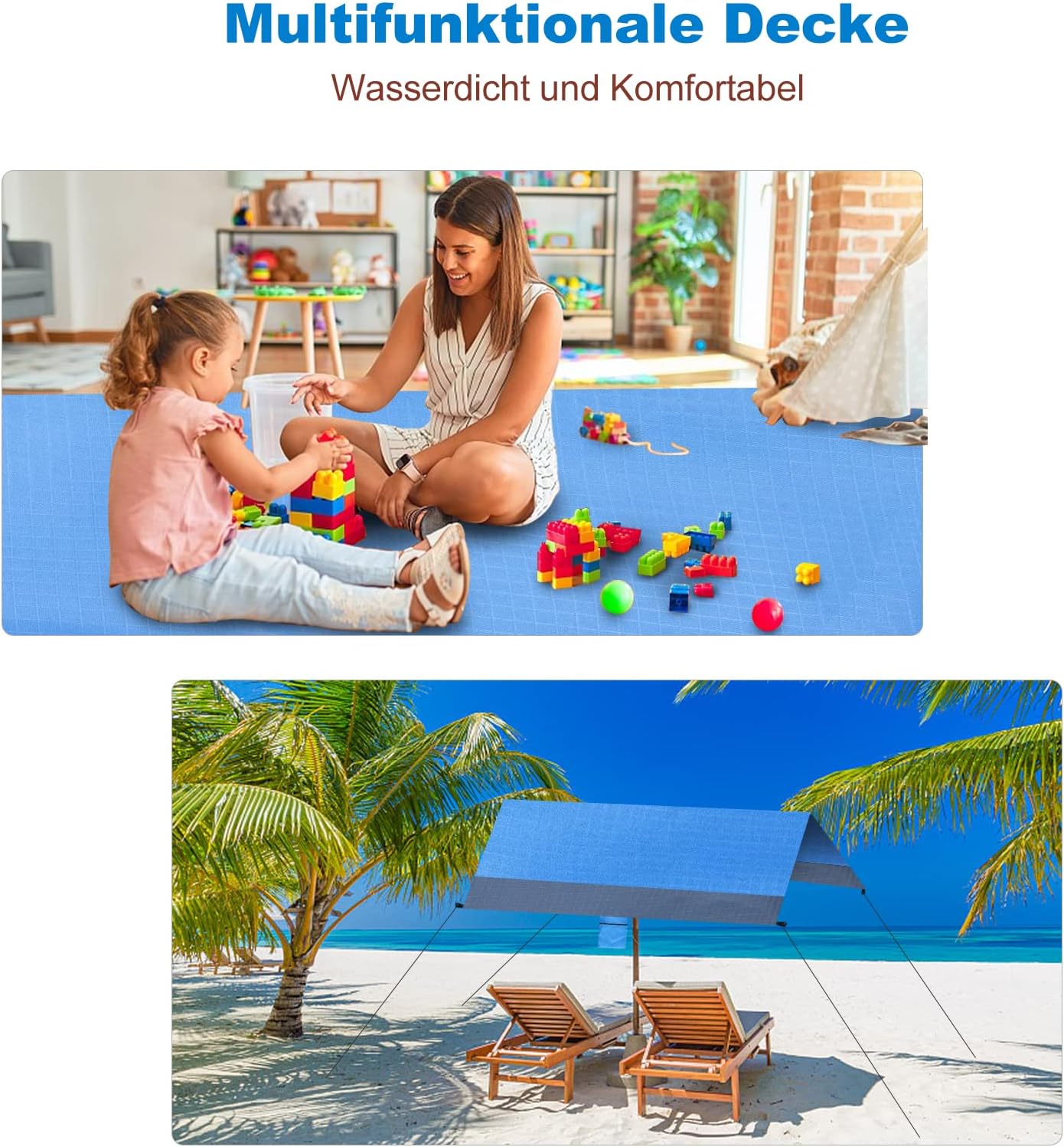Dijia Sandfreie Stranddecke 210x200 cm mit 2 Reissverschlusstaschen & Tasche