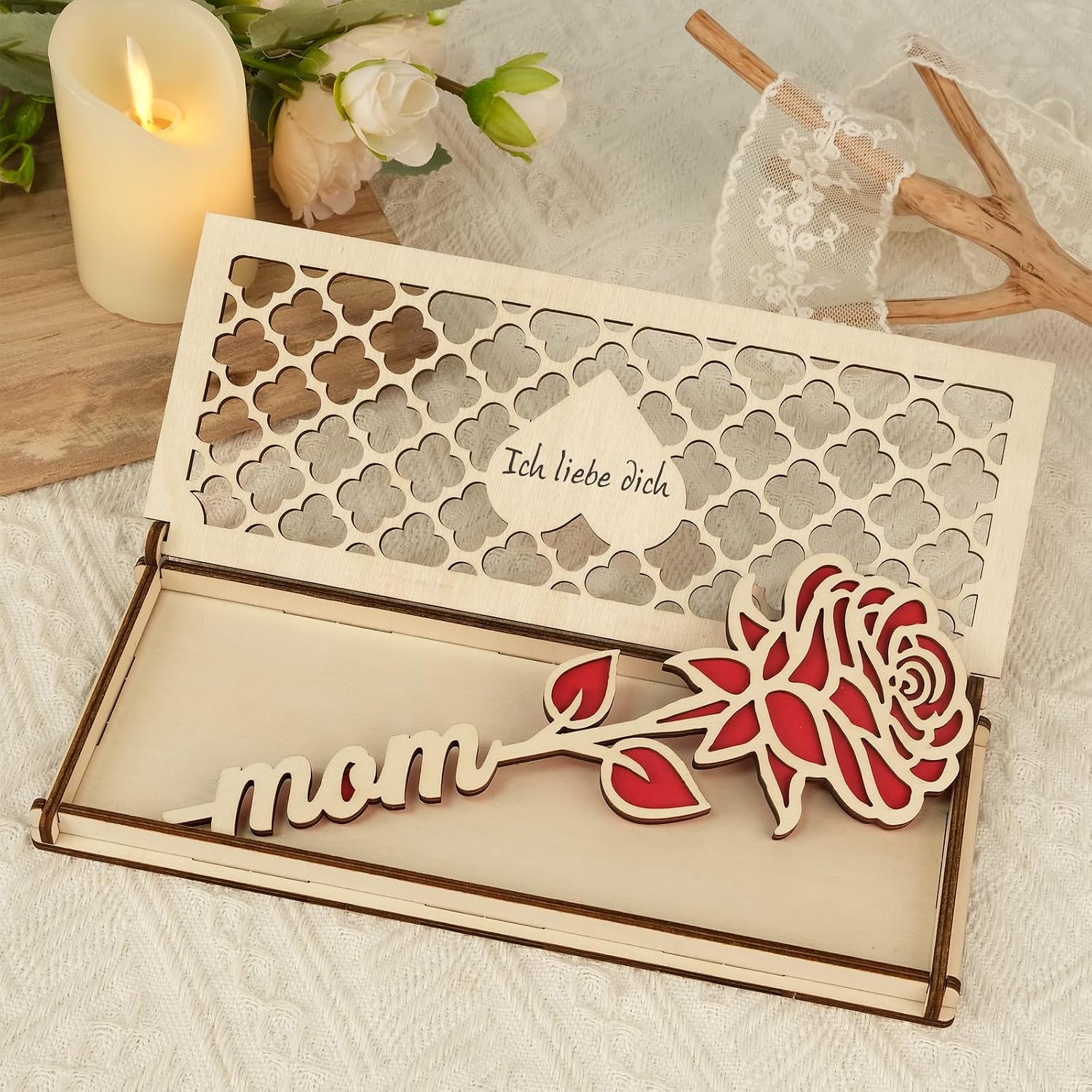 Love Holzrose rot Geschenk fuer Frauen Valentinstag Geburtstag