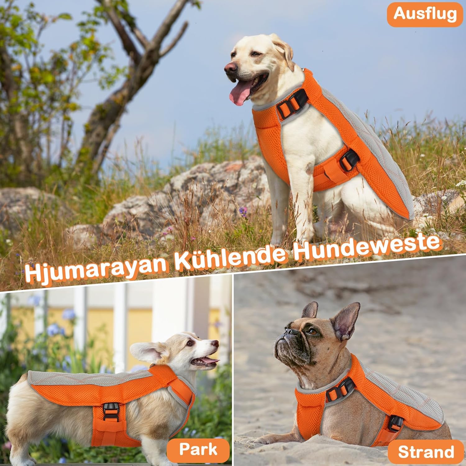 Kuehlweste Hund Anthrazitgrau Gr. M Kuehlgeschirr mit D-Ring Sonnenschutz XS-XXL