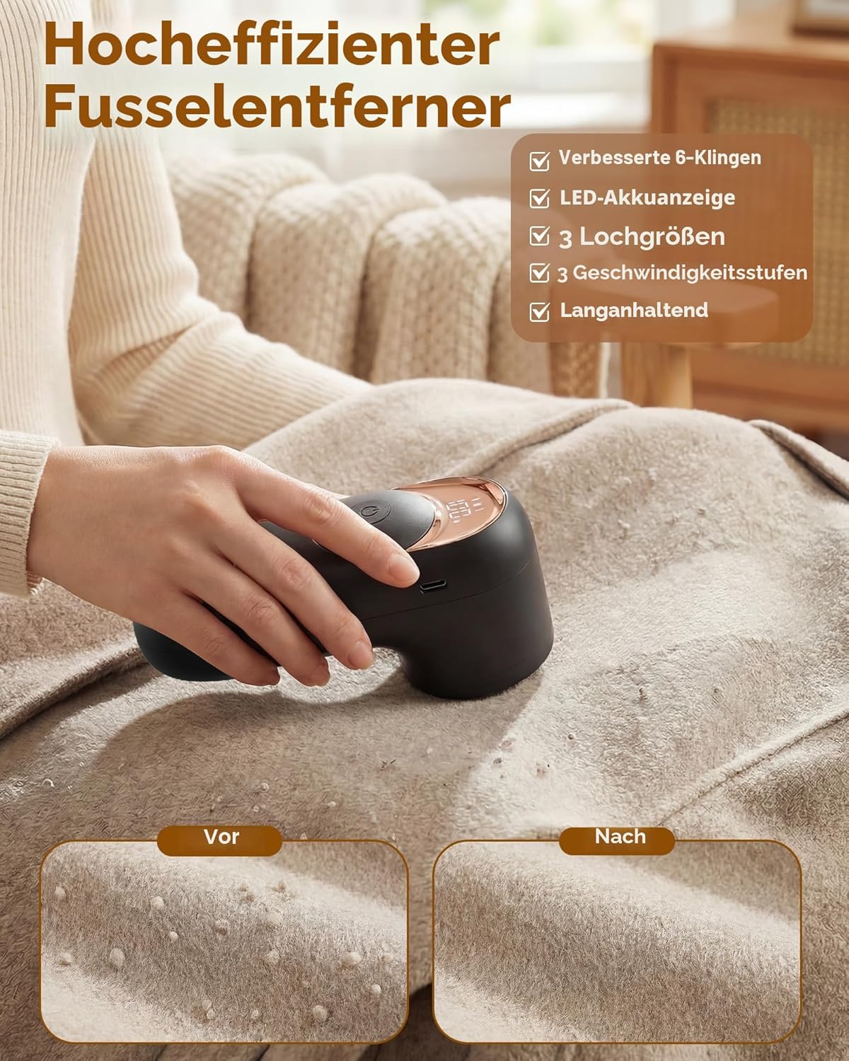 Fusselrasierer elektrisch aufladbar 3 Stufen LED Akku Kleidungsrasierer