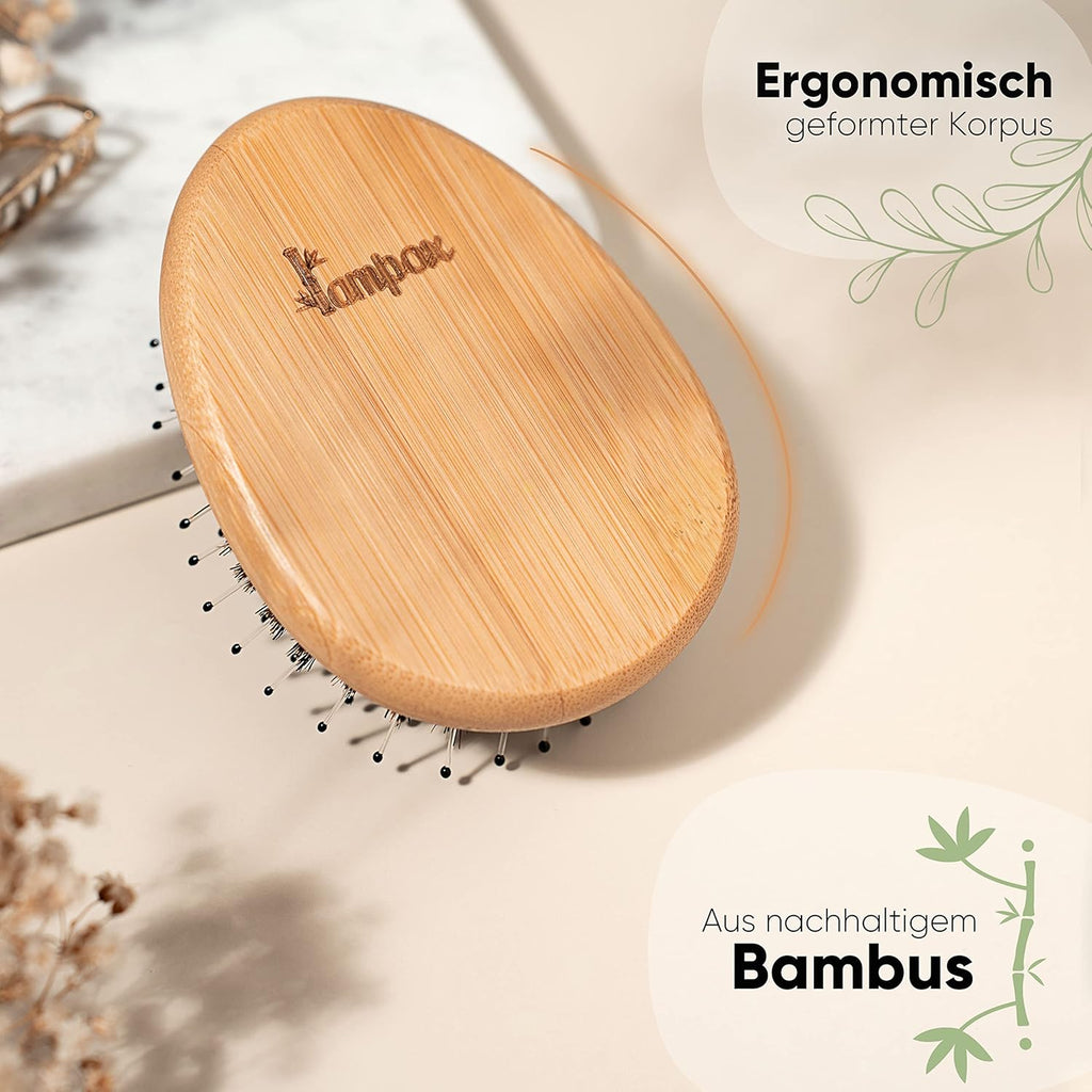Lampox Bambushaarbuerste mit Wildschweinborsten, ovaler Detangler Kopfmasage
