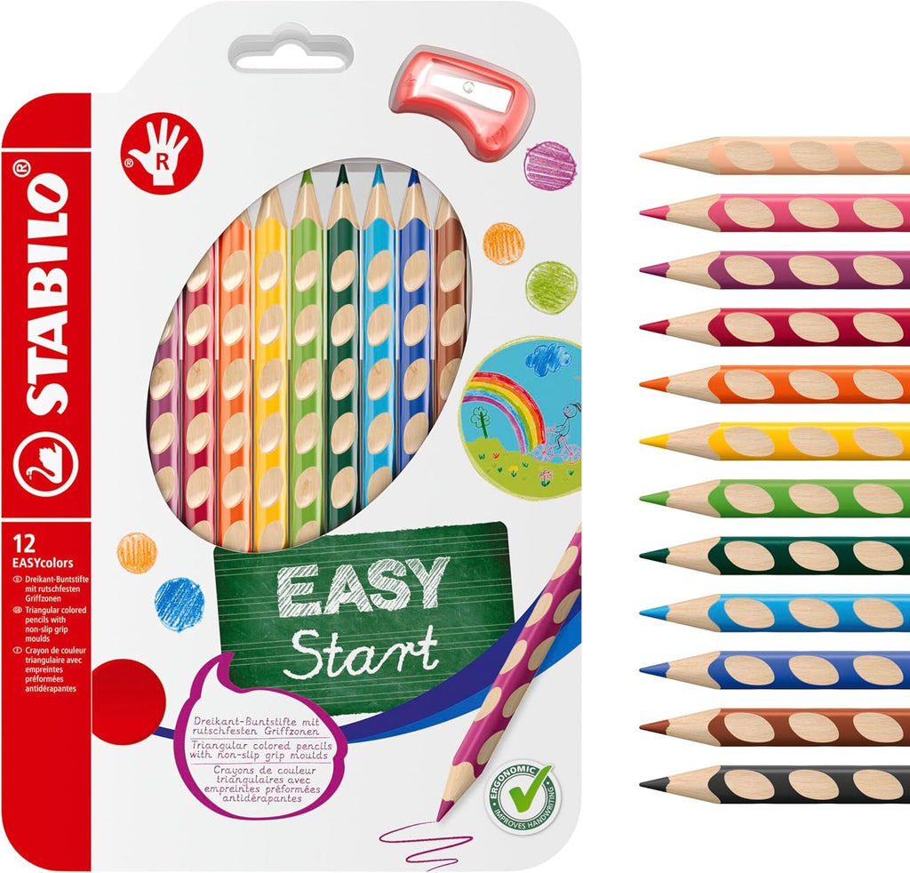 Easycolors Ergonomische Buntstifte fuer Rechtshaender 12er Set mit Spitzer