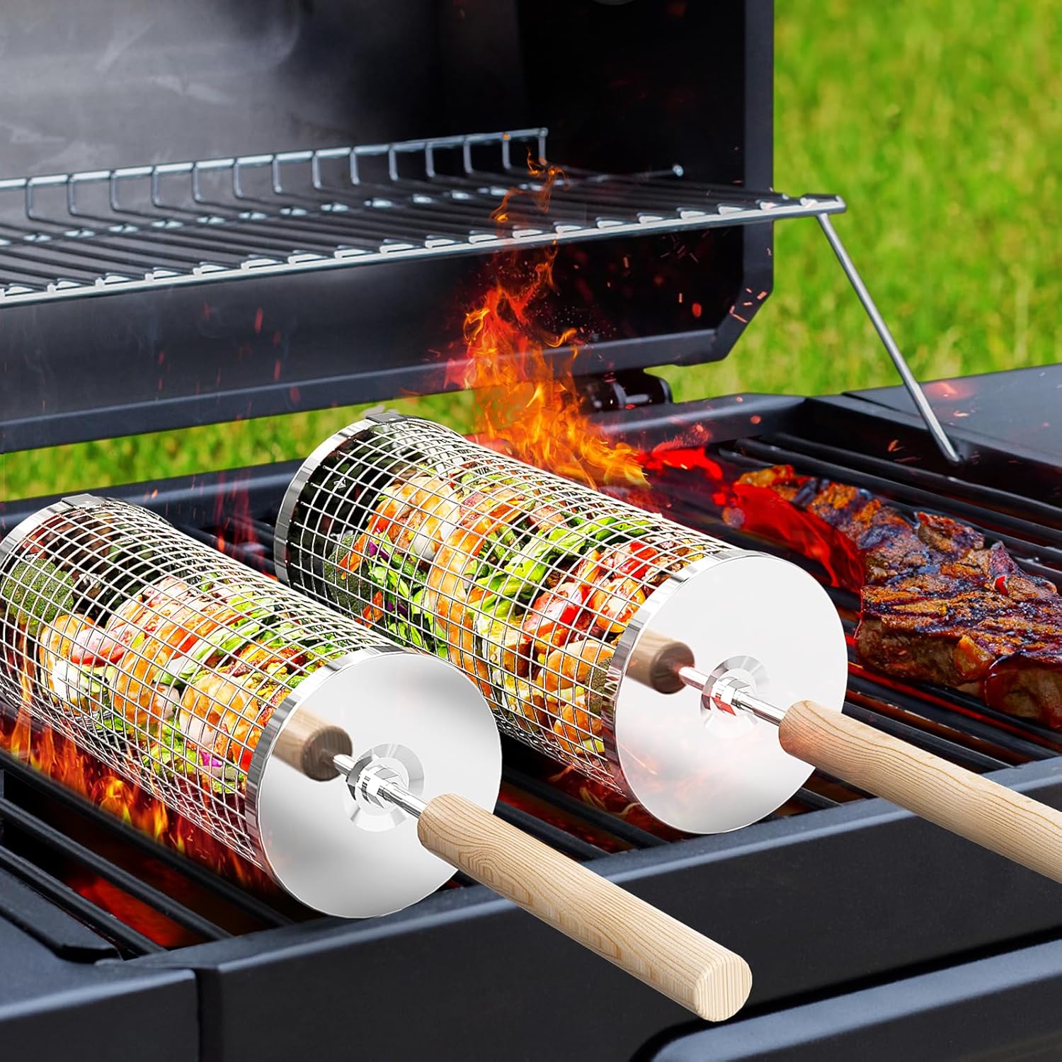 Nestbar Grillkorb Edelstahl 304 mit abnehmbarem Holzgriff fuer Gemuese - Gasgrill