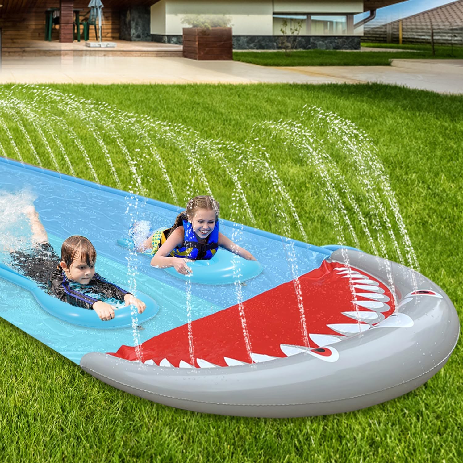 Sonnewelt 550x145 cm Doppel-Wasserrutsche mit 2 Bodyboards Garten