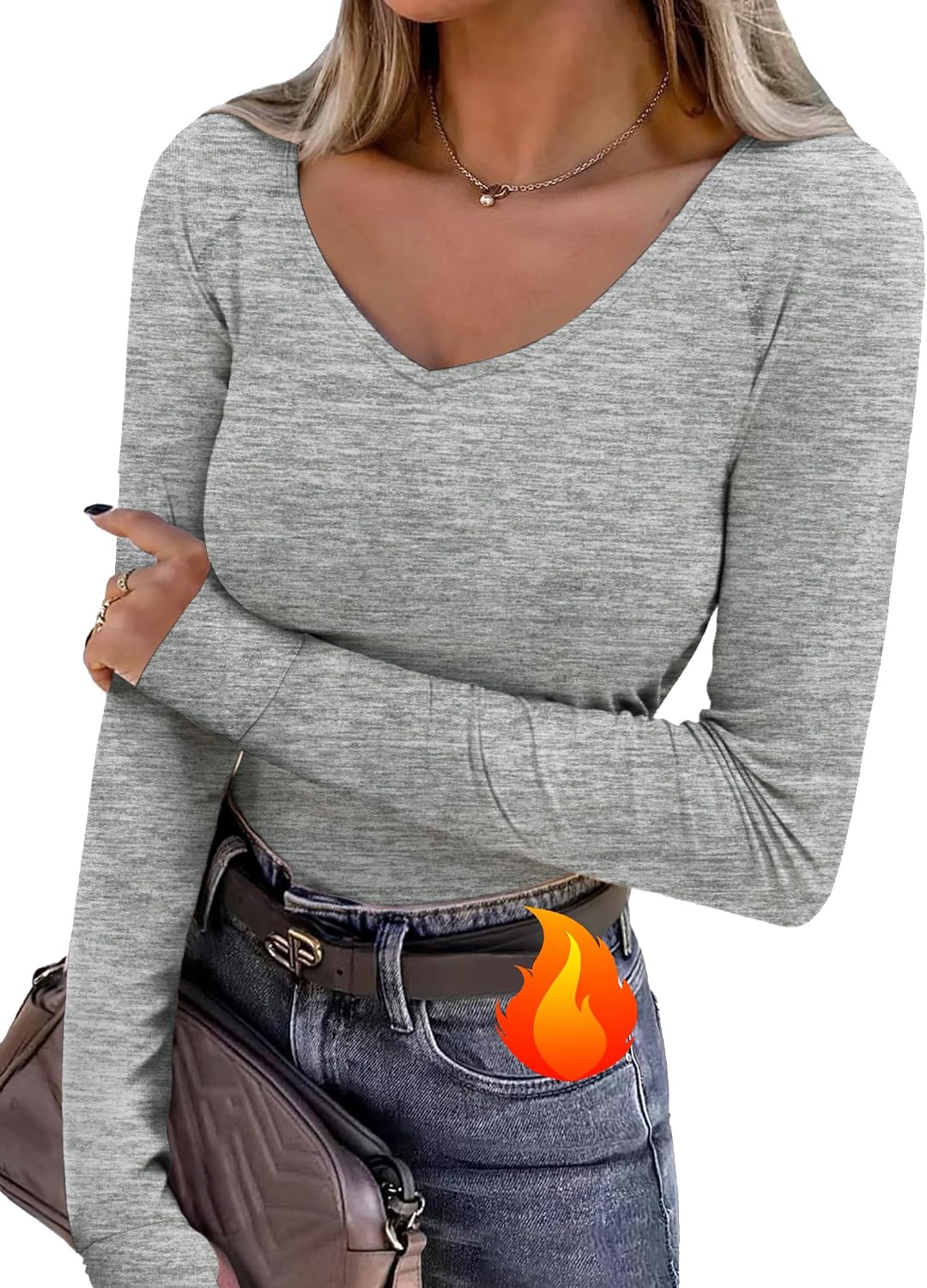Thermoshirt Damen Langarm V-Ausschnitt mit Daumenloechern Innenfleece S-3XL
