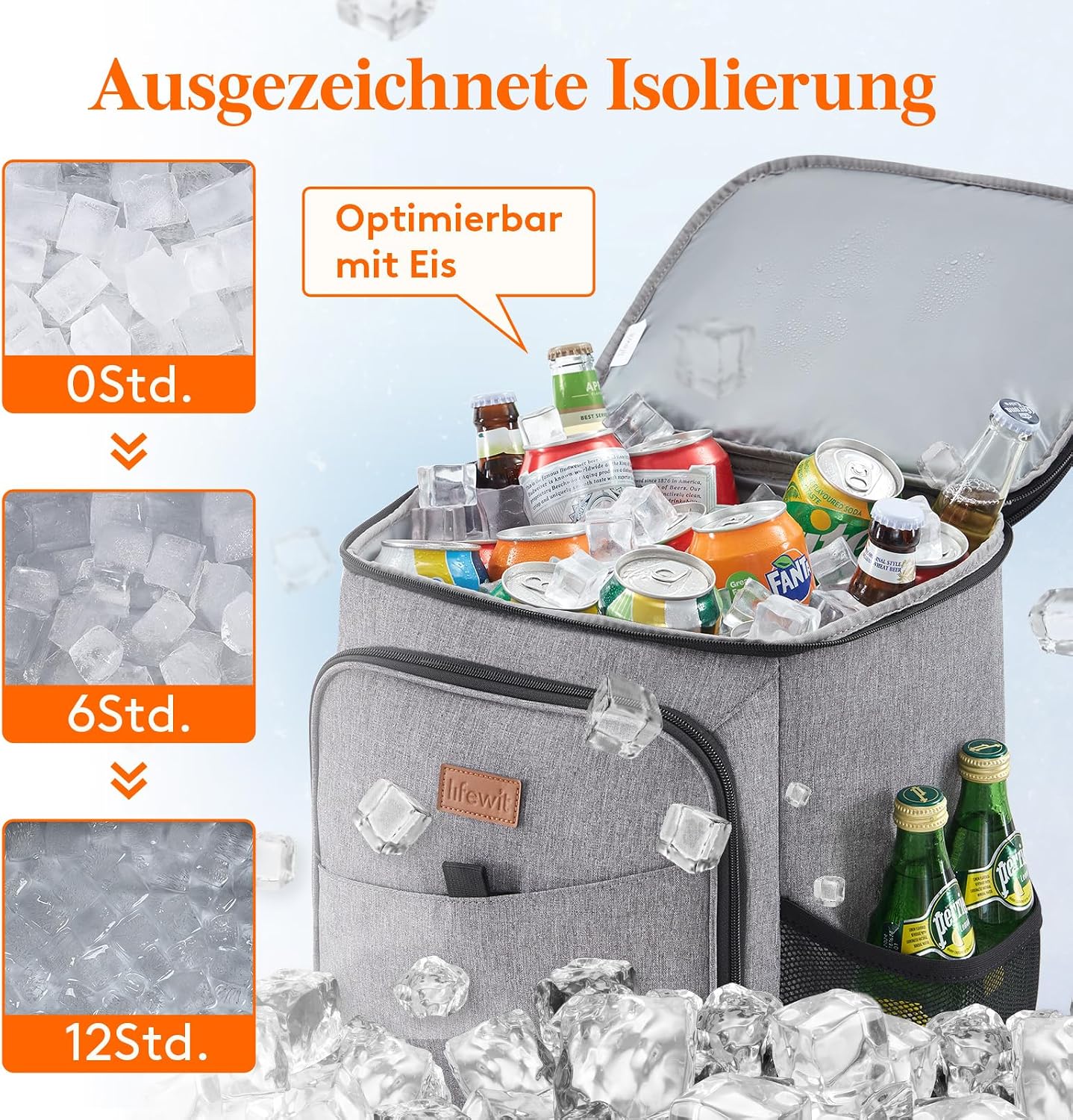 Lifewit Kuehltasche / 34 Dosen, isoliert, auslaufsicher, grau