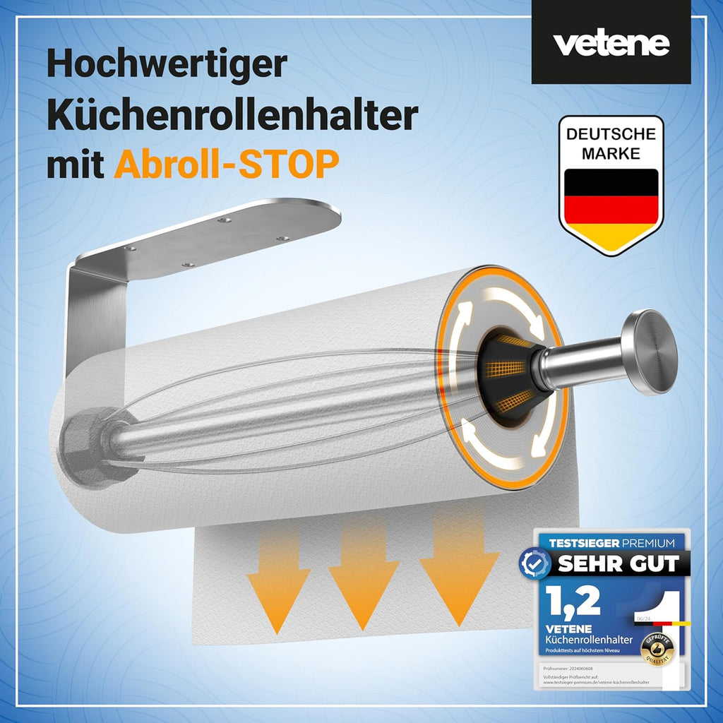 Zewa Kuechenrollenhalter Edelstahl Schwarz ohne Bohren mit Abrollstopp