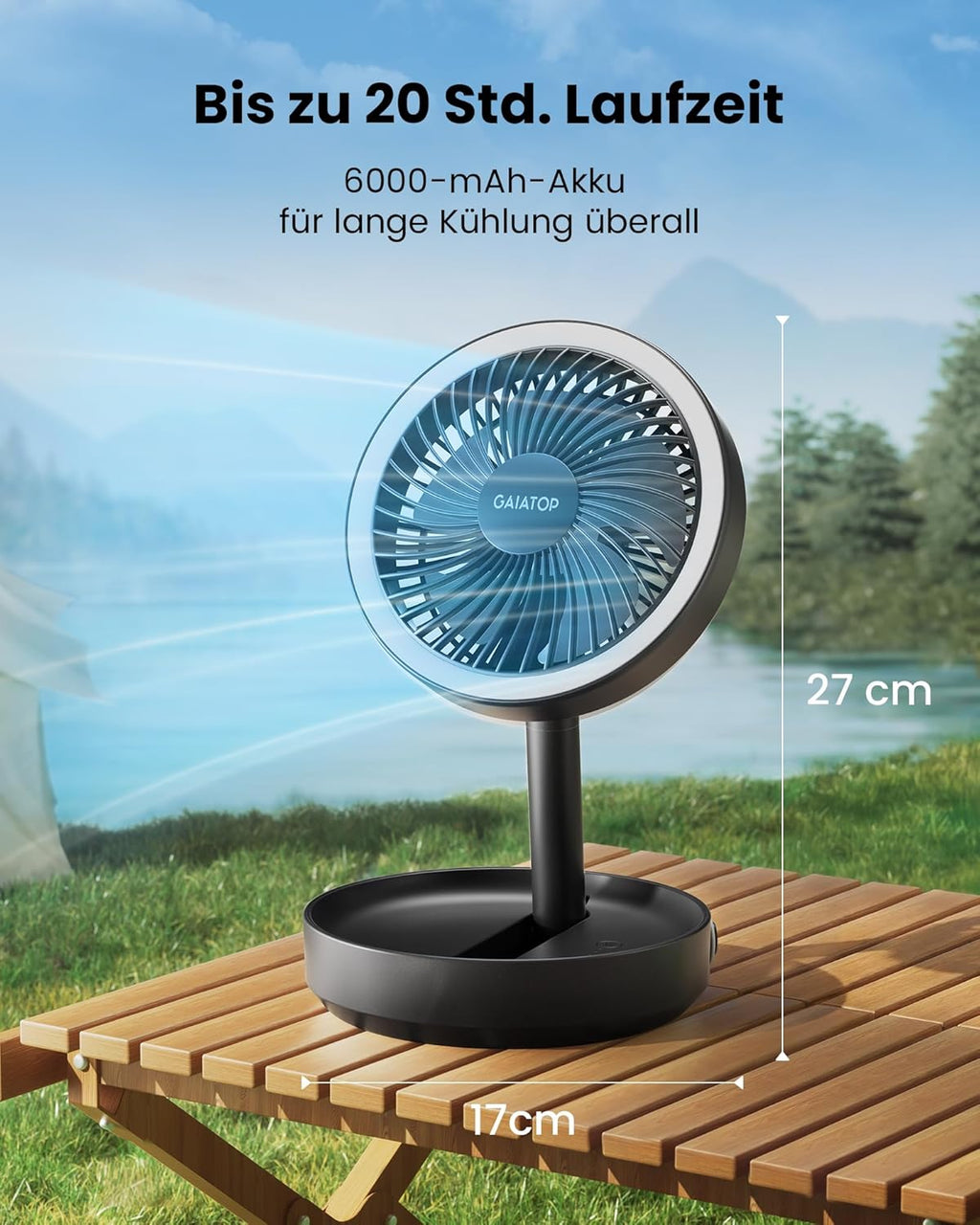 Gaiatop 17 cm Faltbarer Tischventilator 6000 mAh Akku USB leise mit Nachtlicht