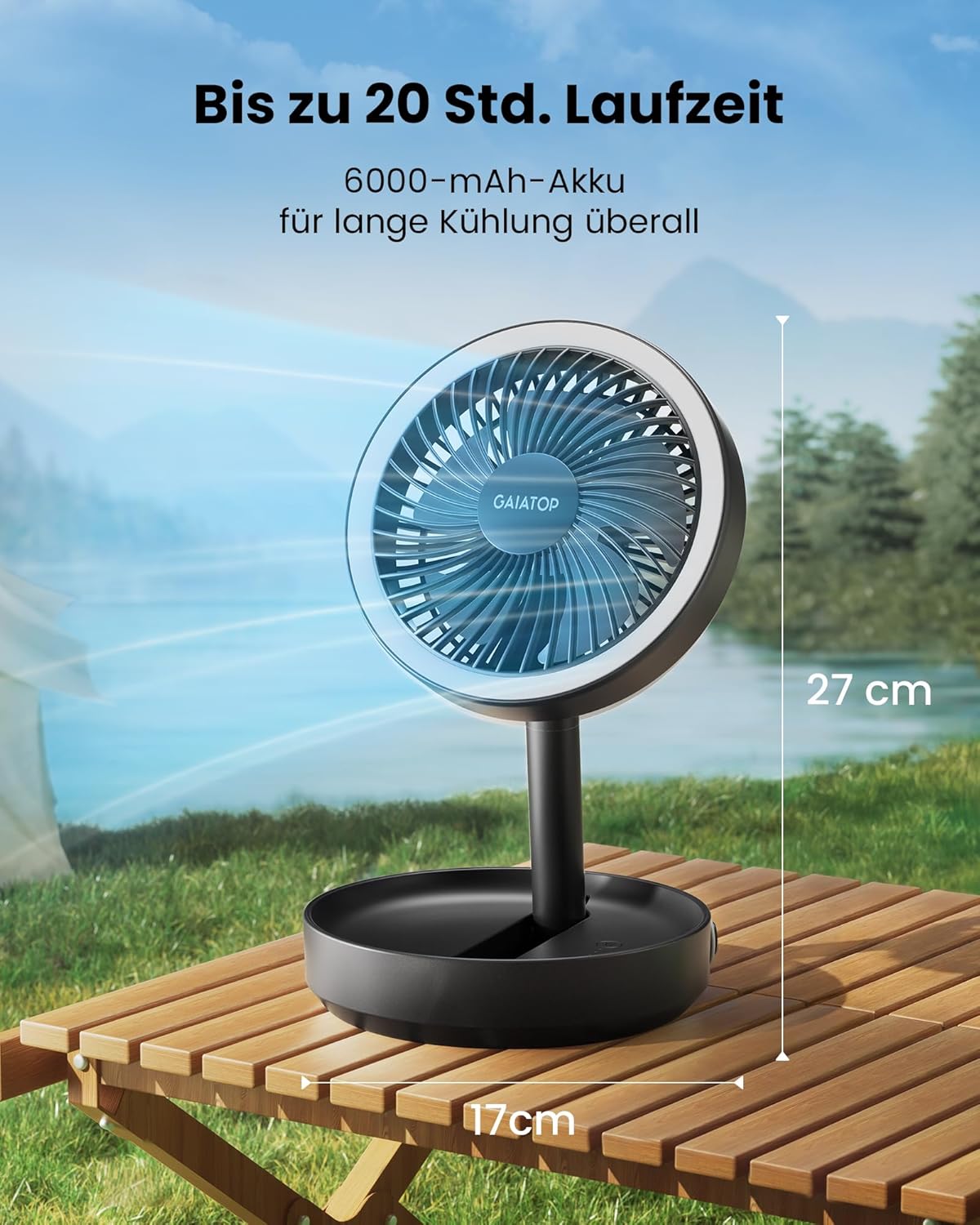 Gaiatop 17 cm Faltbarer Tischventilator 6000 mAh Akku USB leise mit Nachtlicht