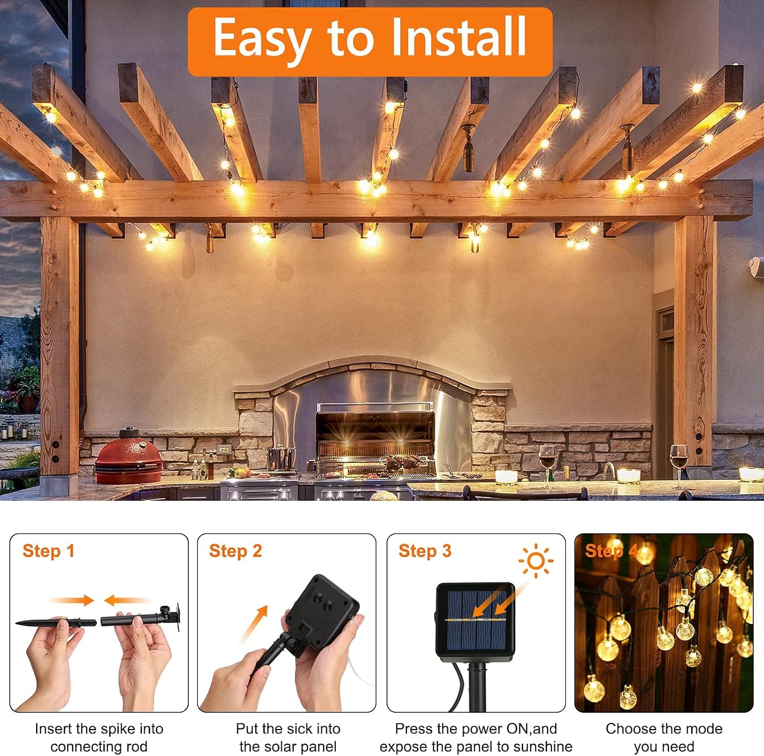 Flacchi Solar Lichterkette 30 LED Warmweiss IP65 8 Modi fuer Aussen, Wetterfest