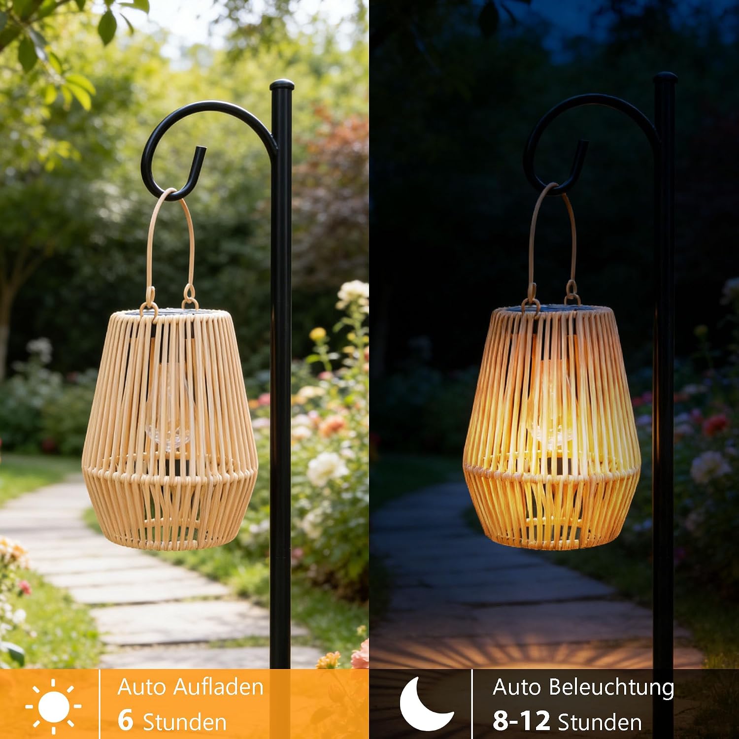 2er Set Solar-Laternen aus Rattan, IP65 Wasserdicht, haengend fuer Garten Balkon R