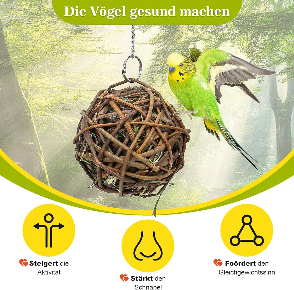 3x Weidenbälle Vogelspielzeug 10cm mit Heu Papagei Wellensittich Kauspiel
