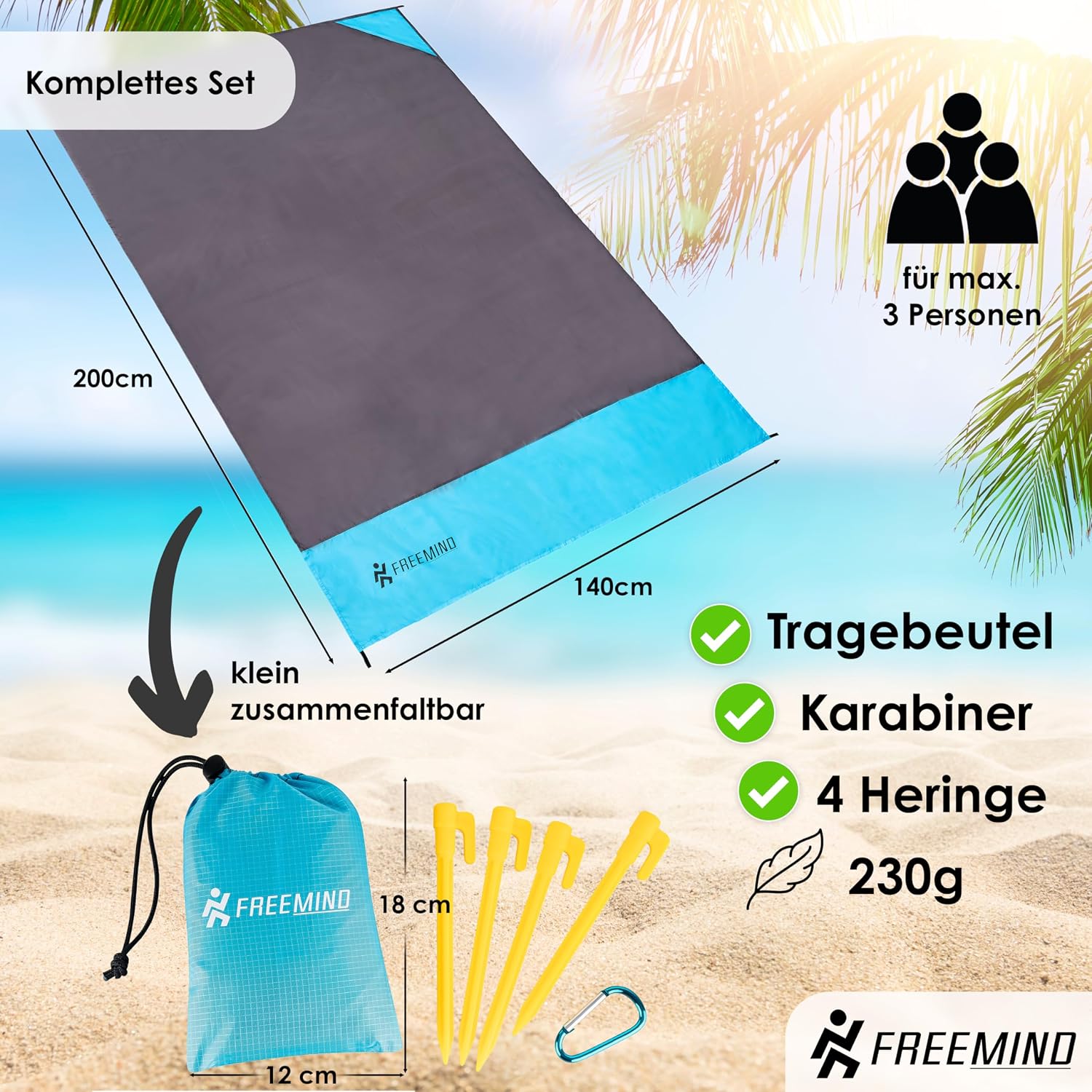 freemind Stranddecke 140x200 cm wasserabweisend sandfrei ultraleicht inkl. Herin