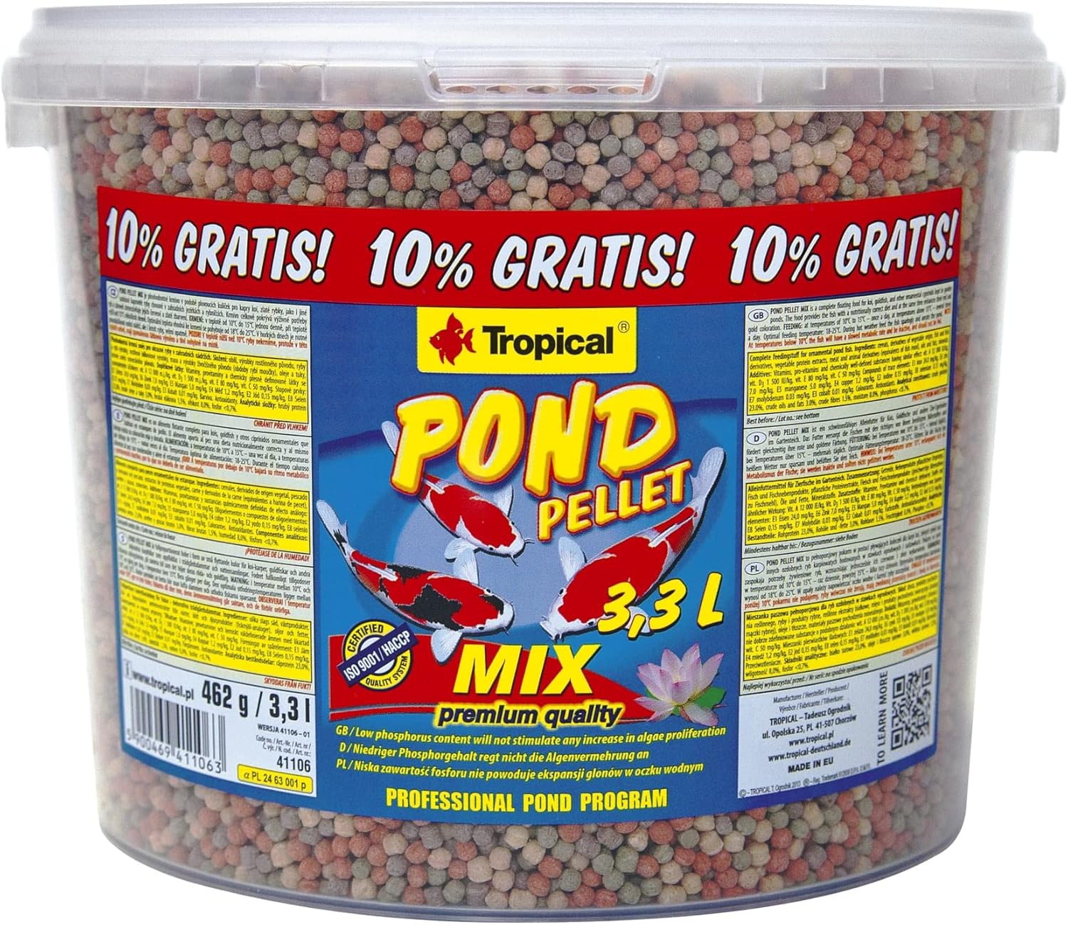 Pond Pellet Mix 3,3 L (462 g) Fischfutter für Koi und Goldfische, farbfördernd