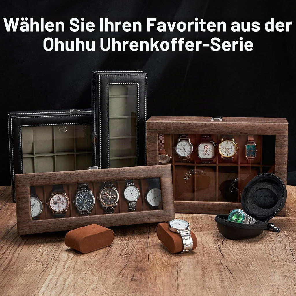 Ohuhu Uhrenbox 6 Faecher mit Glasdeckel Uhrenaufbewahrung