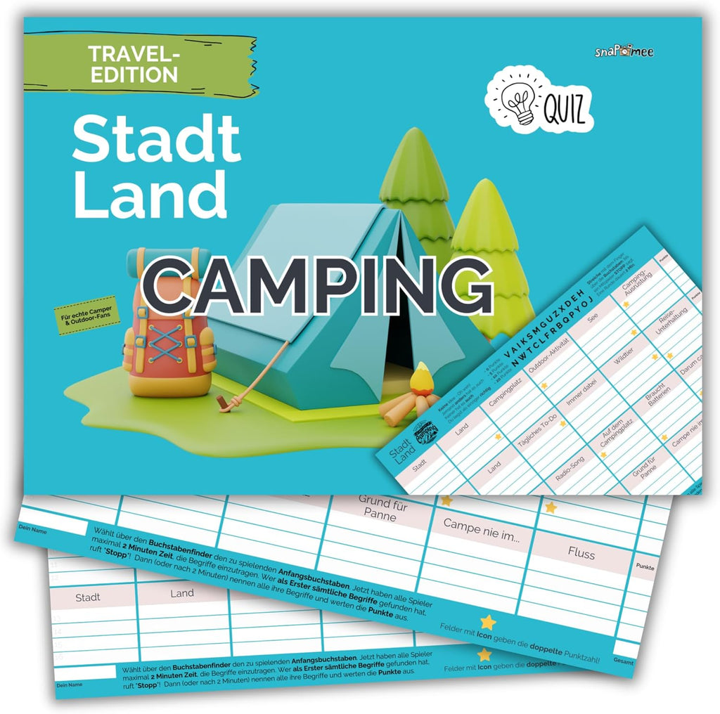 snaPmee Stadt Land Camping Spiel - 50 Blatt DIN A4 Spielvorlagen