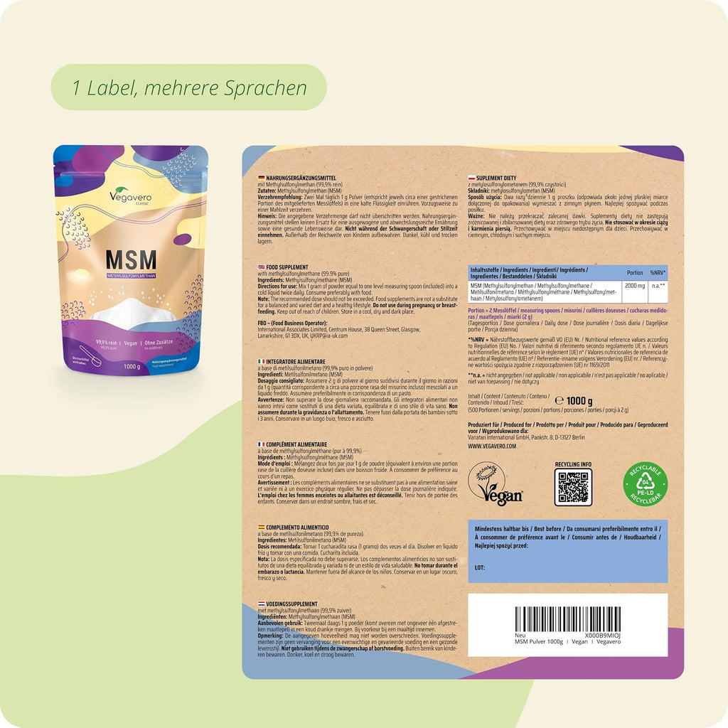 MSM Pulver Methylsulfonylmethan 99,9% Vegan Supplement