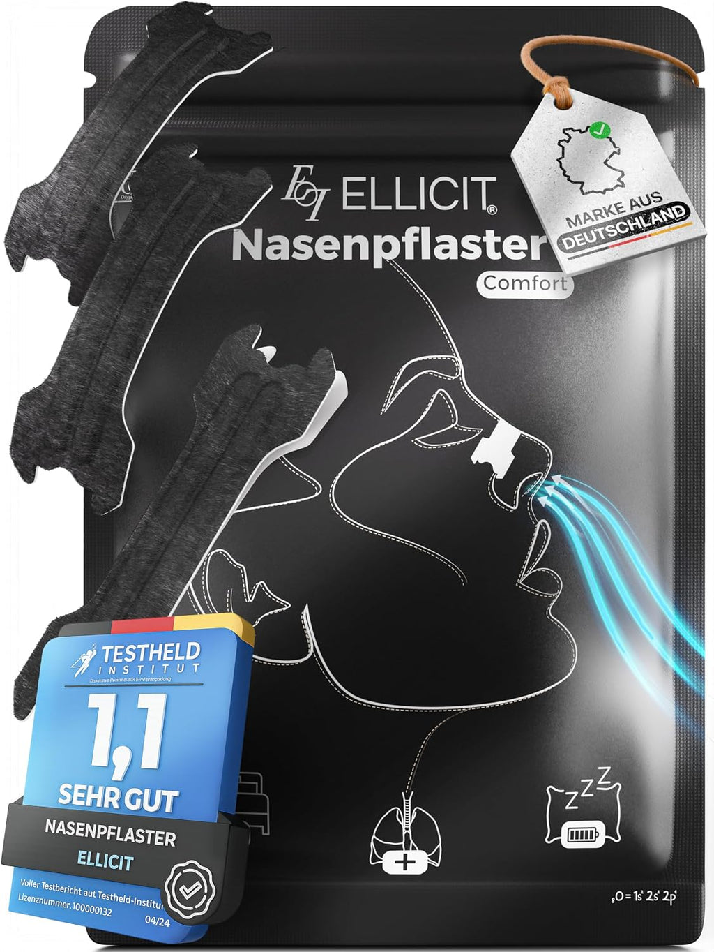 Ellicit Nasenpflaster schwarz 30 St. - Nasenstrips gegen Schnarchen Sport
