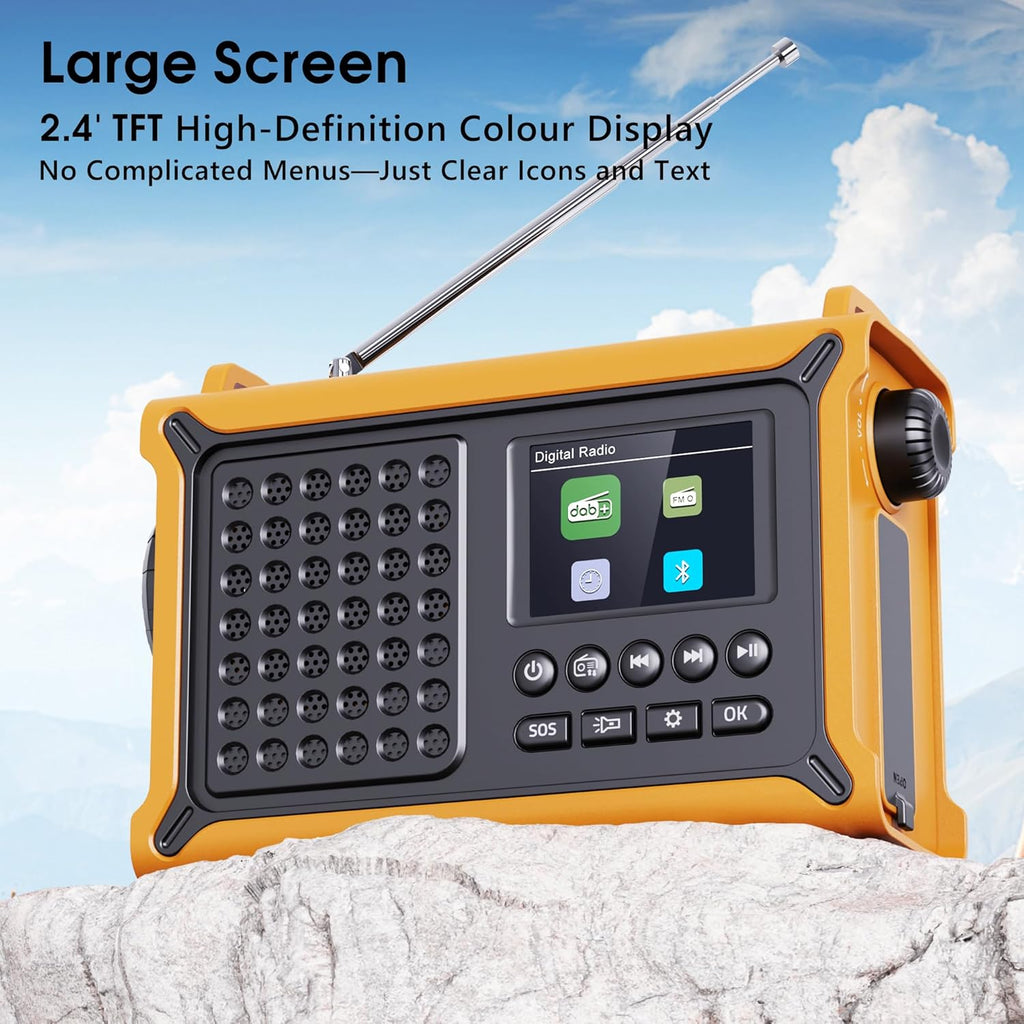 Tragbares Kurbelradio DAB+ UKW mit Solar, 12000mAh Powerbank, Bluetooth, SOS, LE
