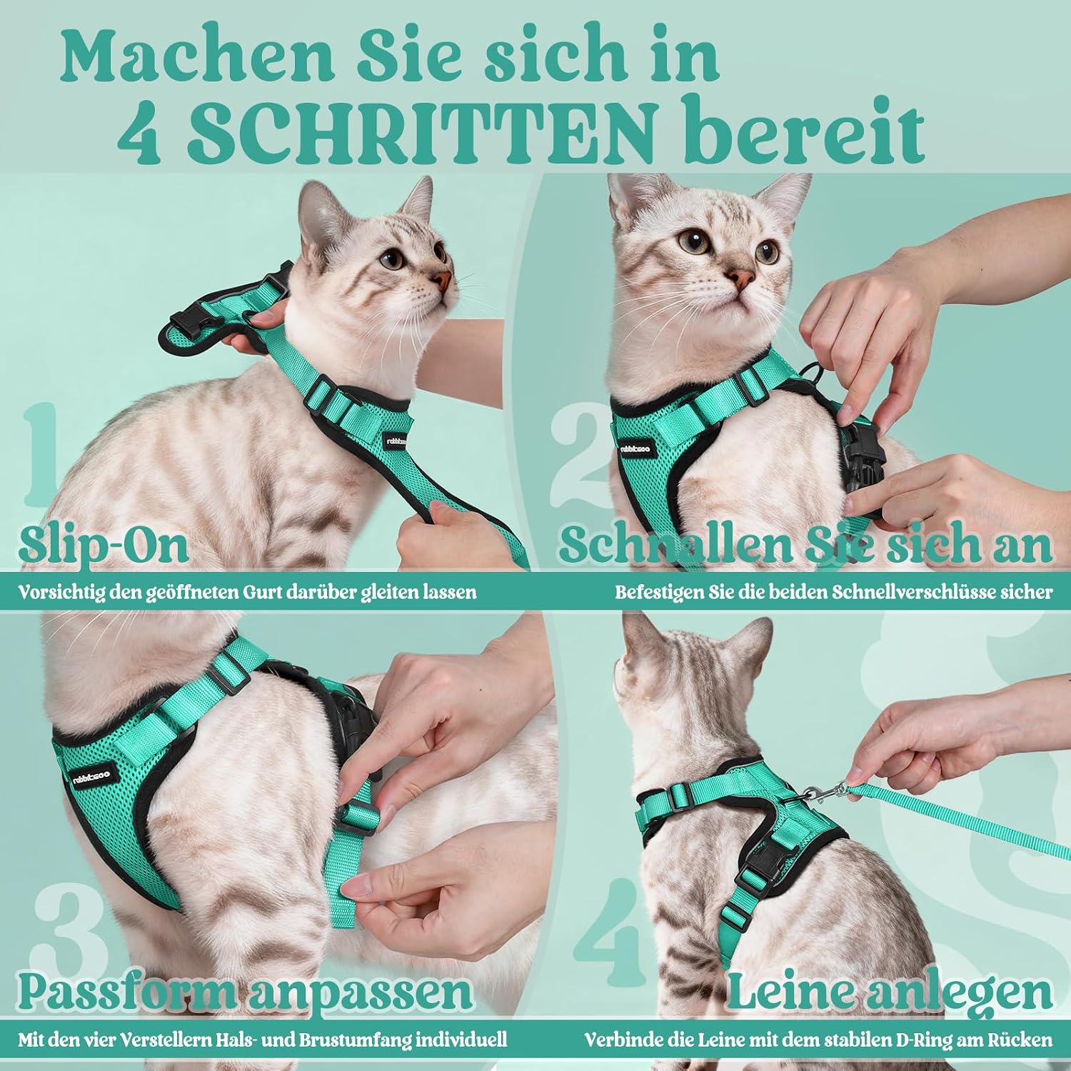 rabbitgoo Katzen Geschirr mit Leine verstellbar reflektierend weich XS Schwarz