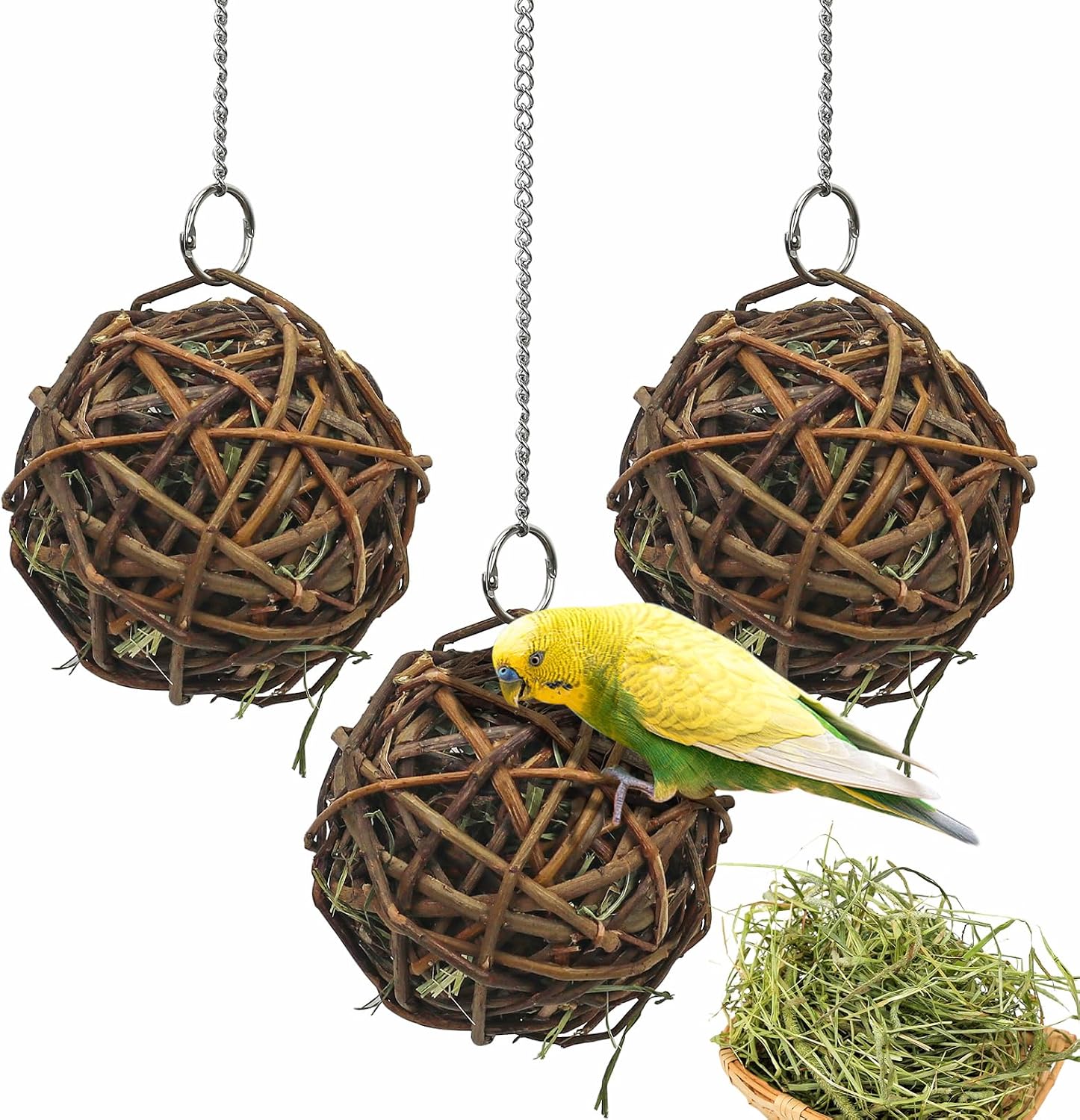 3x Weidenbälle Vogelspielzeug 10cm mit Heu Papagei Wellensittich Kauspiel