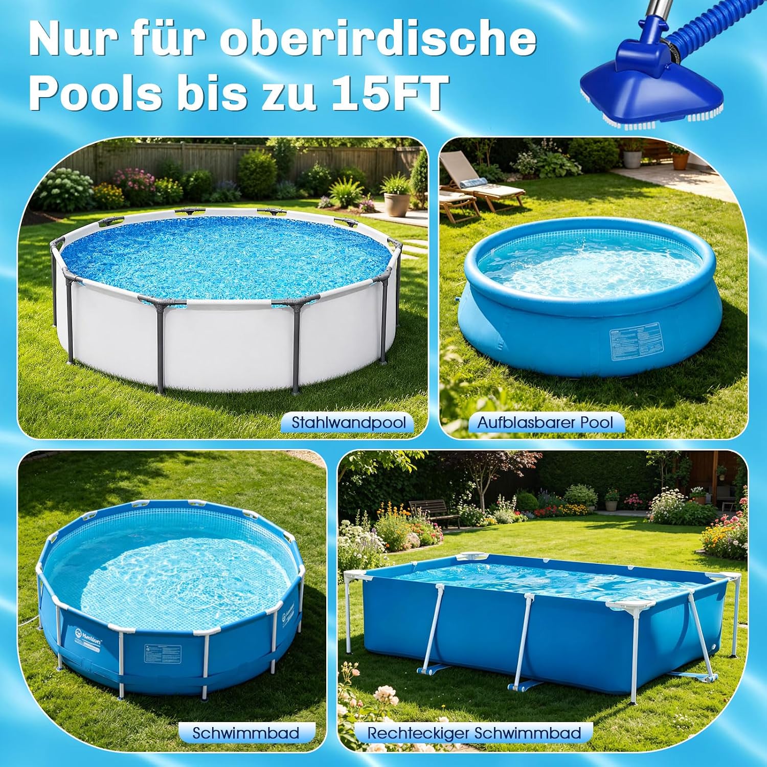 Kabelloser Poolsauger Handheld mit Teleskopstange und Schlauch, starke Saugleist