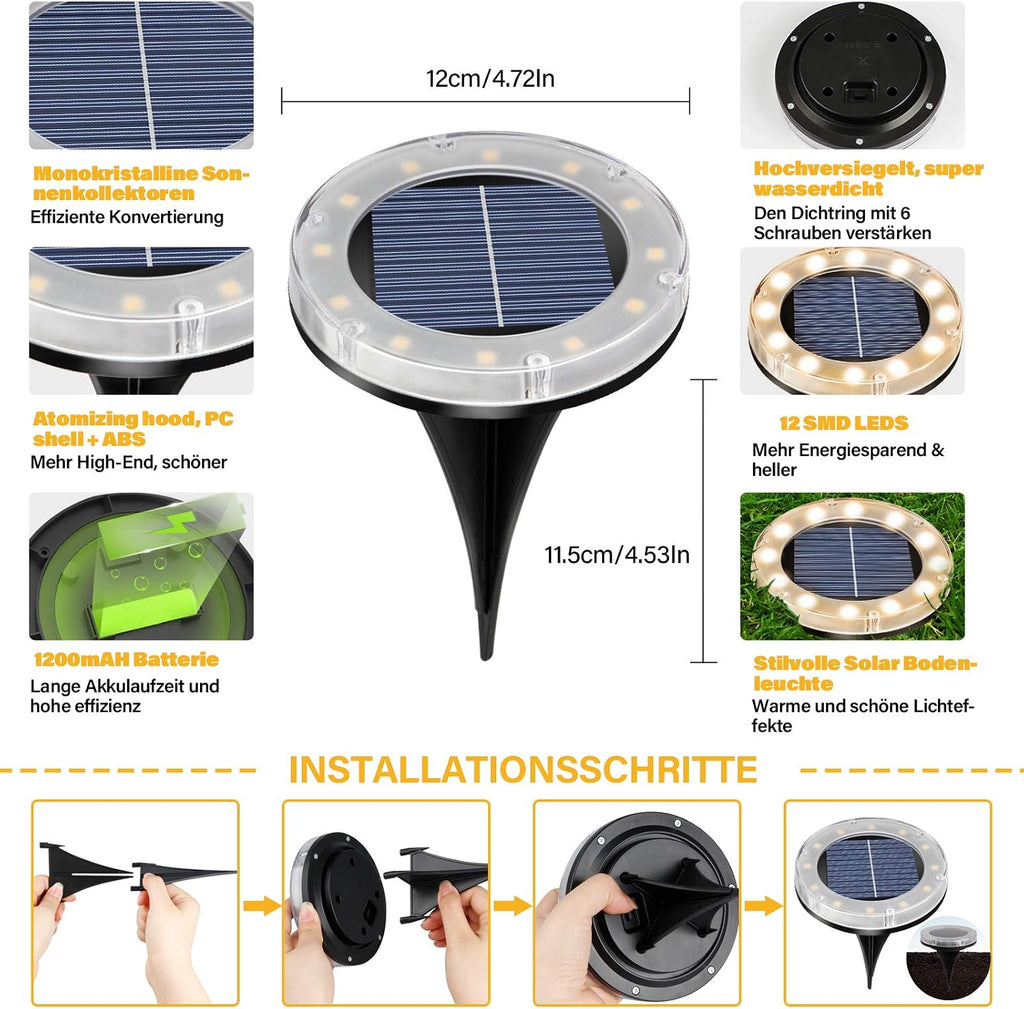 Solar Bodenleuchte 12 LED warmweiss IP65 4er Set Garten Weg Einfahrt