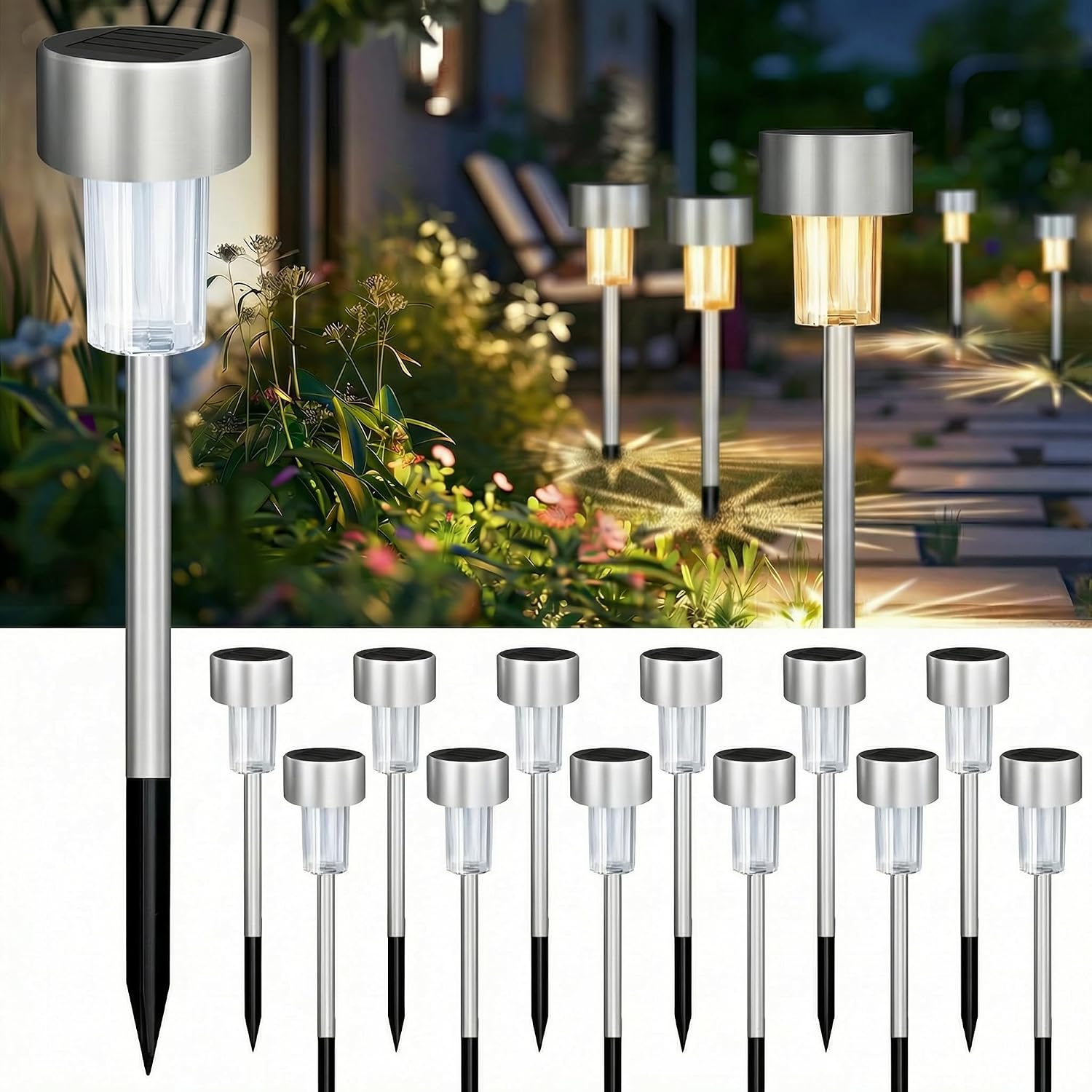Jsdoin Solarleuchten 12er Set aus Echtglas und Edelstahl, IP44 Wegbeleuchtung
