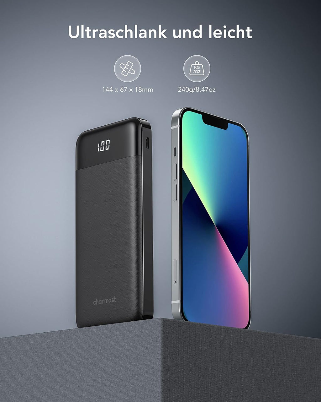 Charmast Powerbank 10000 mAh Slim mit LED-Display, 6 Ausgaenge, USB-C